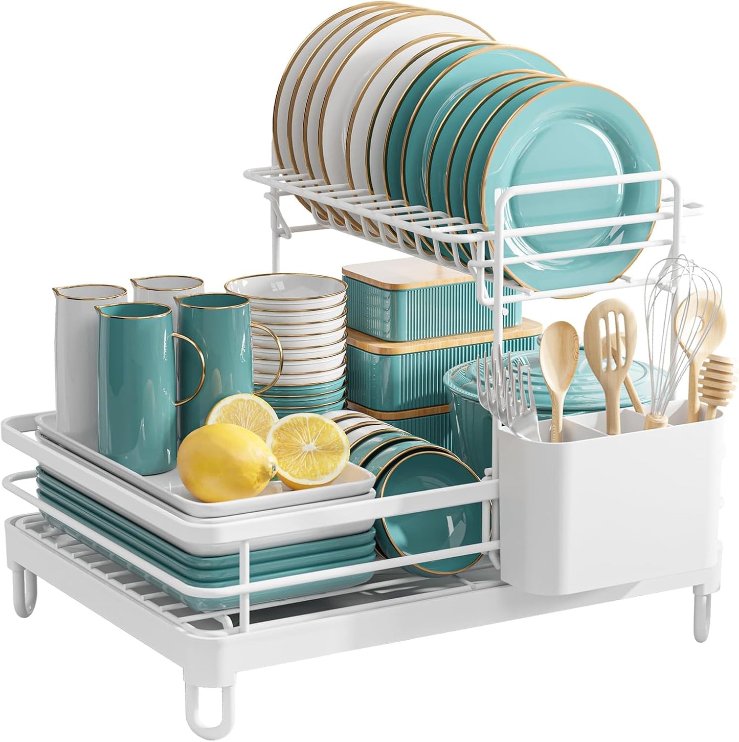 Dish Drying Rack - X-Large Stainless Steel Dish Rack for Kitchen Counter, 2-Tier Kitchen Organizers and Storage for Dishes, Bowls, Cutlery, White