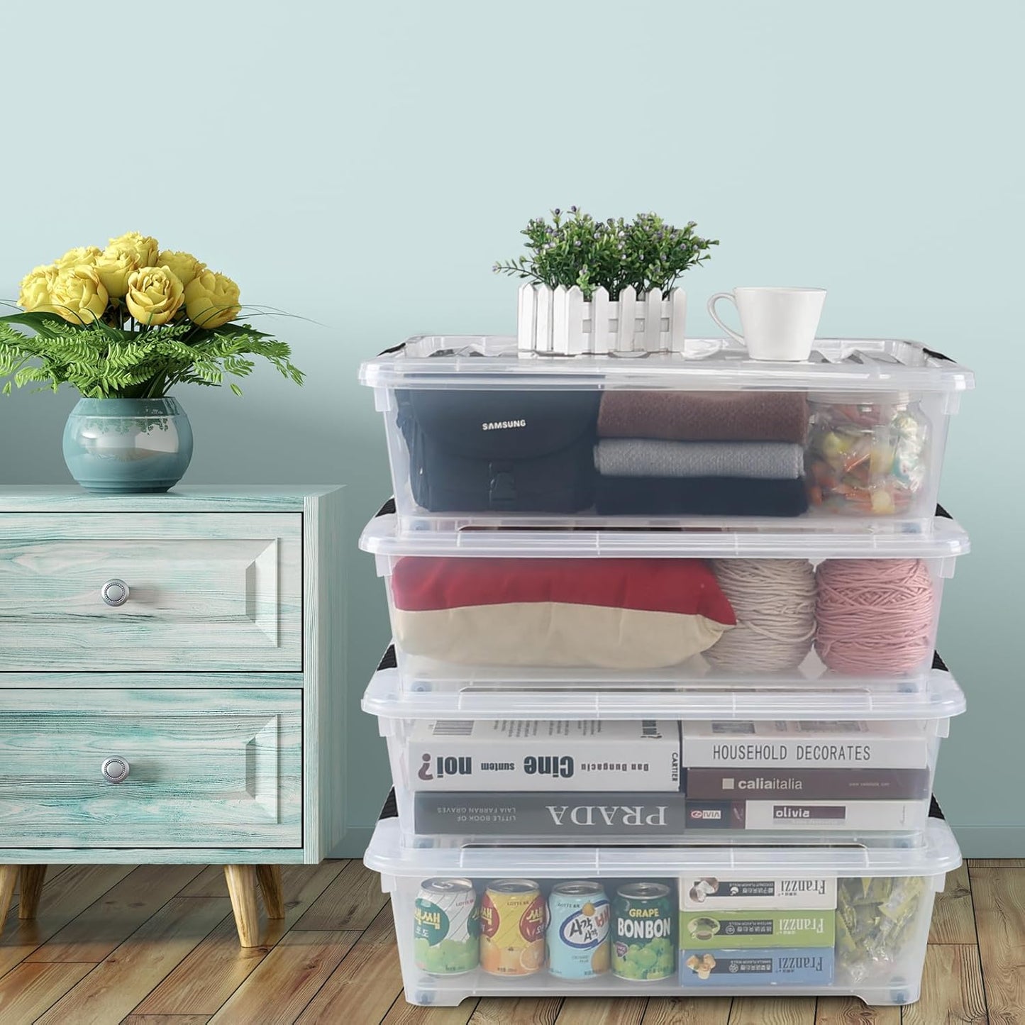 4-Pack 25 Quart Under Bed Plastic Storage Bins, Clear Under Bed Storage Box Container with Wheels