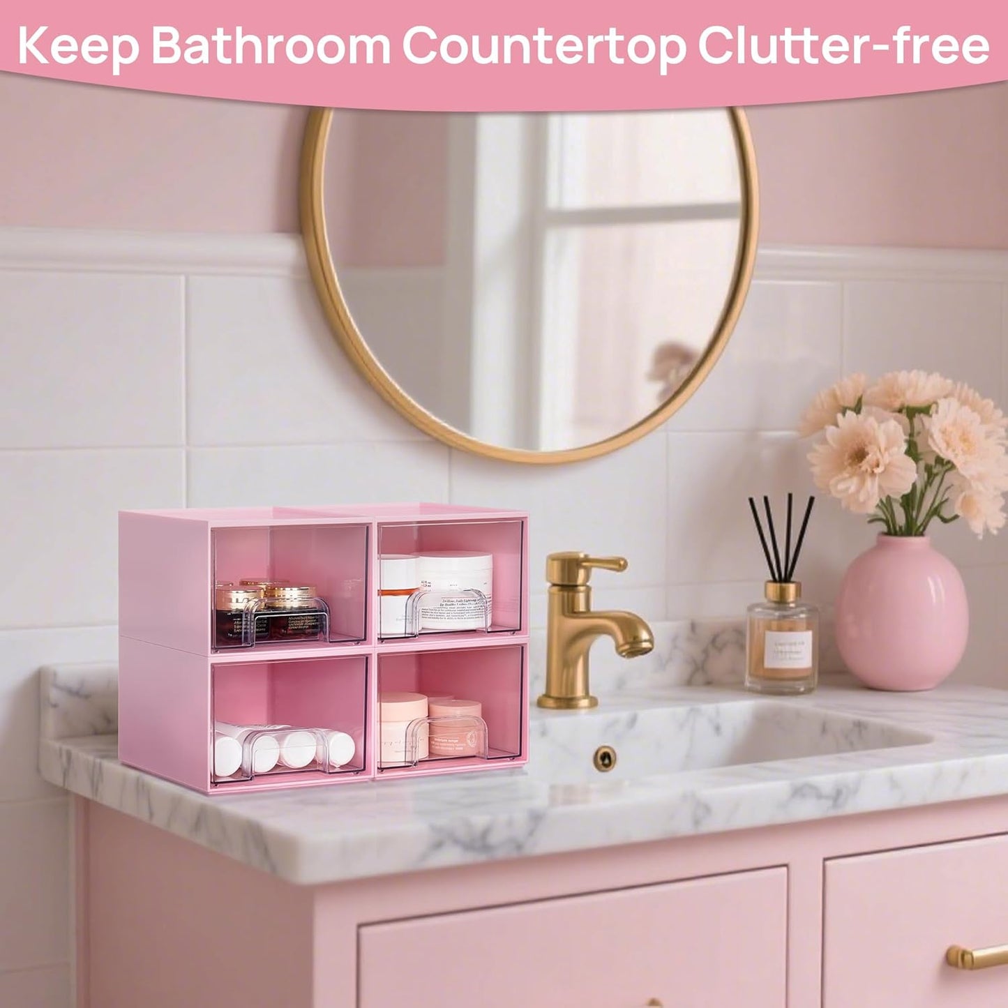 Vtopmart 4Pack Small Stackable Storage Drawers, Bathroom Makeup Organizer,Plastic Storage Bins For Vanity, Undersink, Kitchen Cabinet, Pantry, Home Organization(Pink)