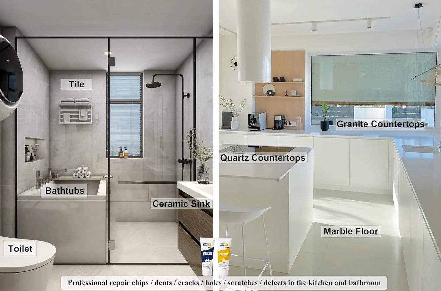 Tub, Tile and Shower Repair Kit (Color Match), Hupeyna Porcelain Repair Kit, Bathtub Repair Kit for Chips Dents Cracks Holes Scratchs, etc. Fiberglass Repair Kit (More Color)