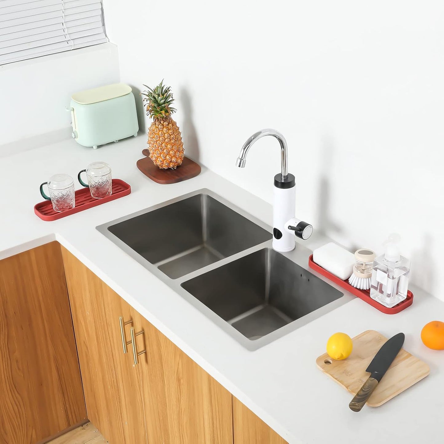 Silicone Kitchen Sink Organizer Tray for Multiple Usage,Eco-Friendly Sponges Holder for Kitchen Bathroom Counter or Sink,Dish Soap Dispenser,Scrubber,Bottle,Cup (Red, 12"×4")