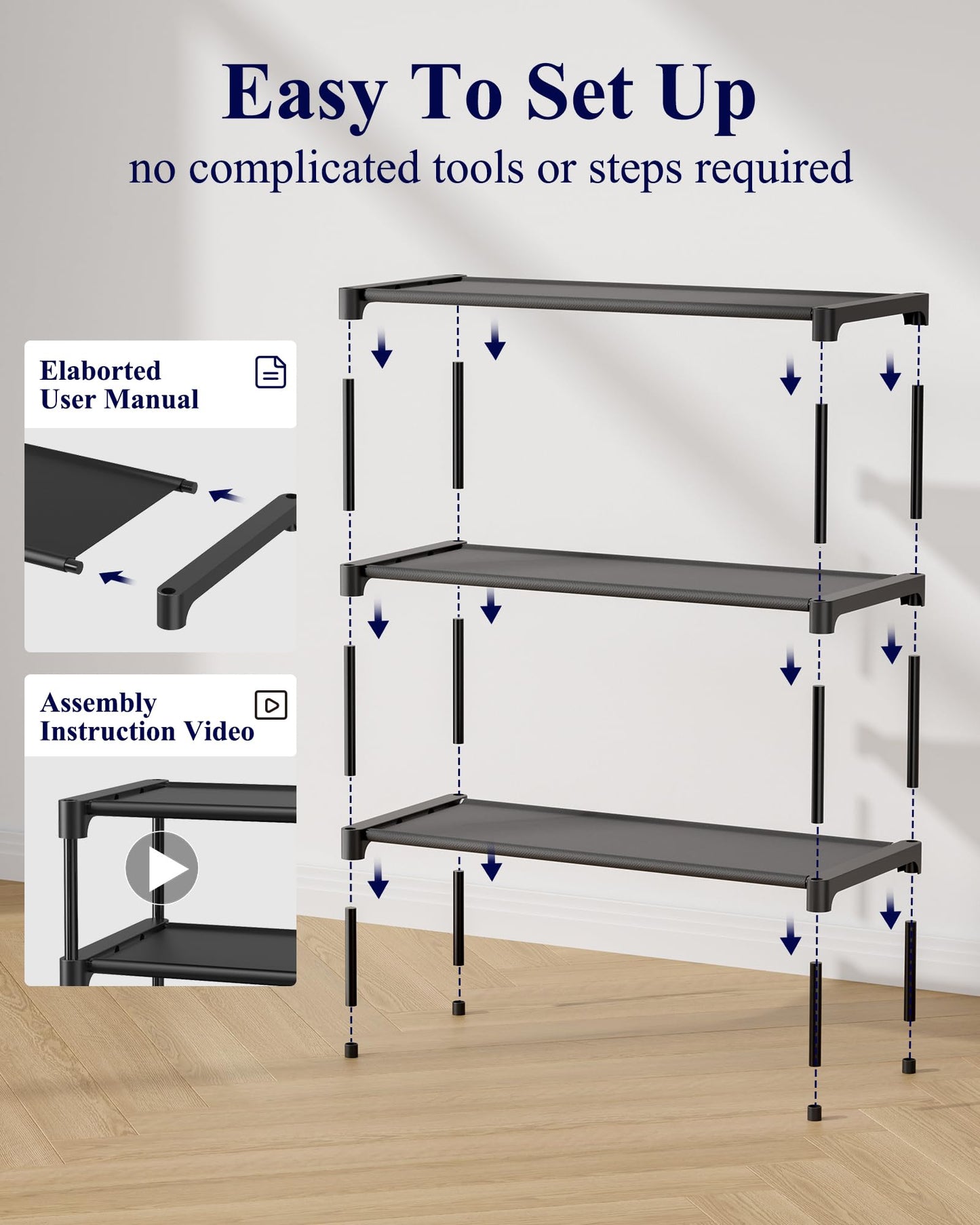 Kitsure Shoe Rack - Non-Woven Shoe Rack Shelf, 27.5" Wide - 3 Tier, Black