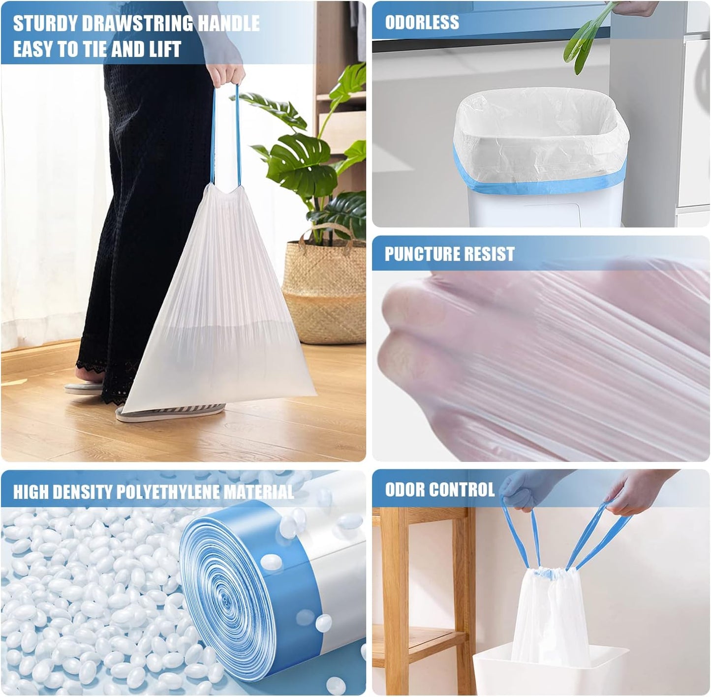 FORID Small Drawstring Trash Bags - 6 Gallon Plastic Trash Bags Heavy Duty White Trash Can Liners 60 Count Unscented Bin Bags for Kitchen Bathroom Office Home Bedroom 22 Liter