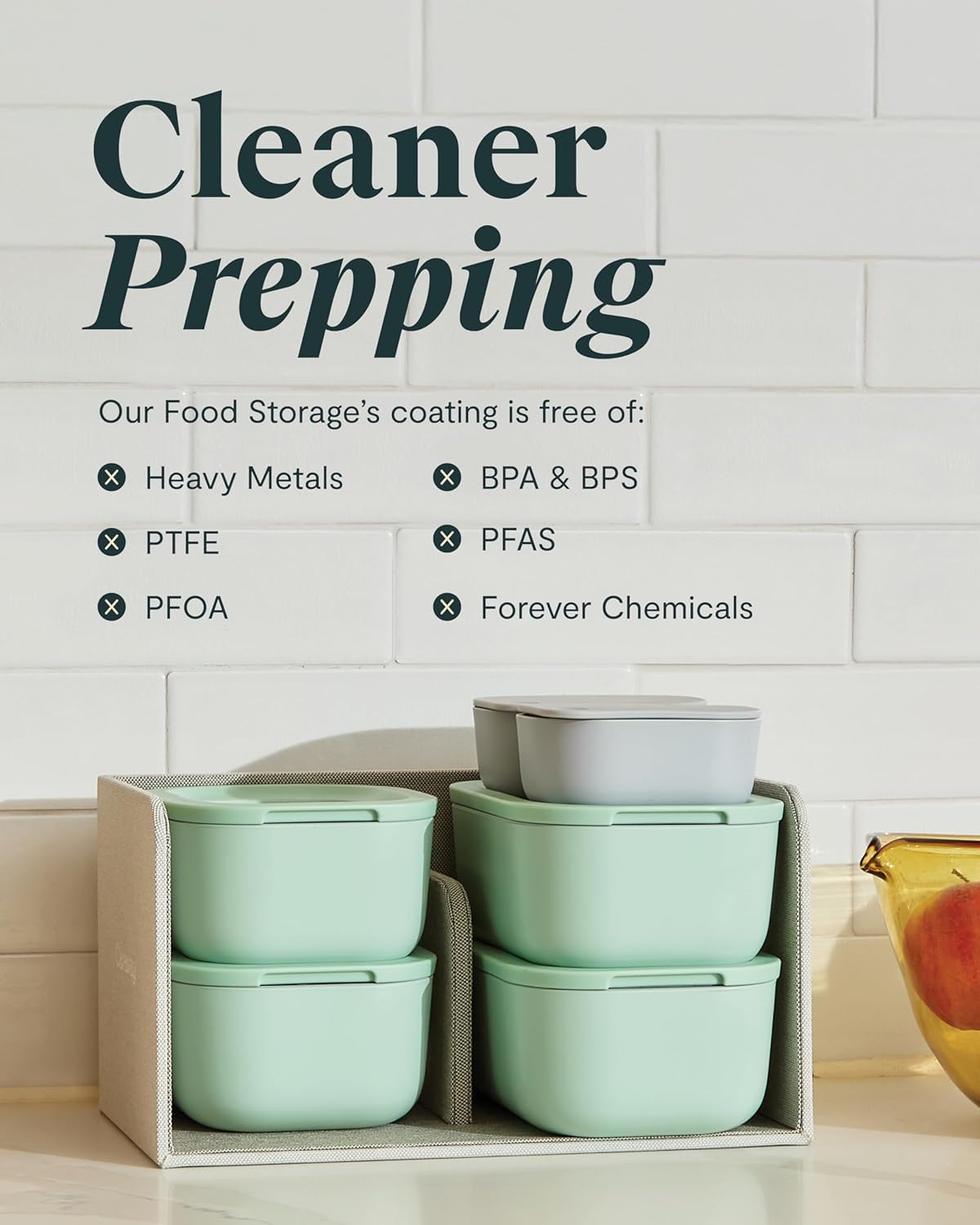 Caraway 6pc Glass Food Storage Set – 4.4 Cup Food Containers (6) - Ceramic Coated - Non Toxic, Non Stick with Lids - Microwave Safe - Cream