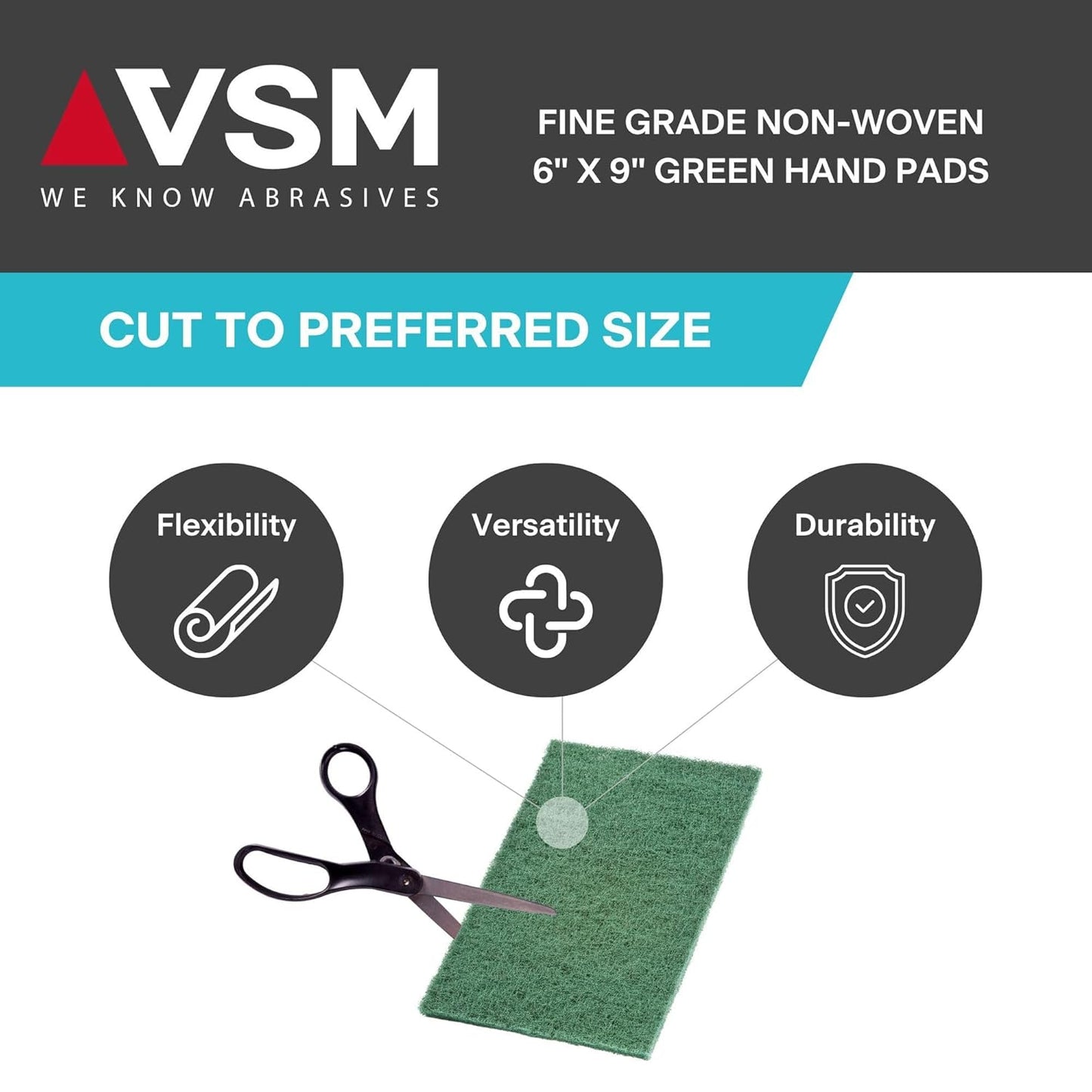 VSM 10-Pack: 6" x 9", Green - Fine, Non-Woven Hand Pad, Aluminum Oxide Grains, Rust and Oxidation Resistant, Multipurpose Abrasive Scrub Pad for Finishing and Cleaning