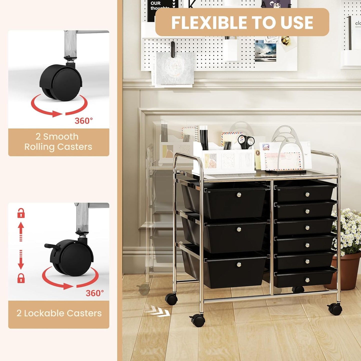 GOFLAME 9-Drawer Rolling Storage Cart, Mobile Utility Cart with Removable Drawers & Metal Frame, Art Craft Organizer Cart with Lockable Wheels, Storage Drawer Cart for Home Office School, Black