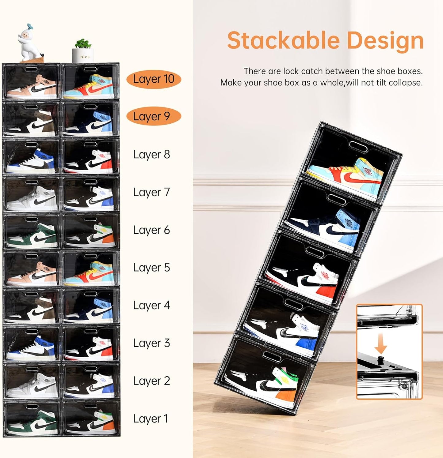 New 8 Pack Shoe Boxes Stackable, Large Shoe Storage Organizer with Lids,Drop Side Shoe Containers for Entryway,Sneaker Storage Fit up to US Size 13 for Men/Women(13’’x 10.6”x 8.3”)