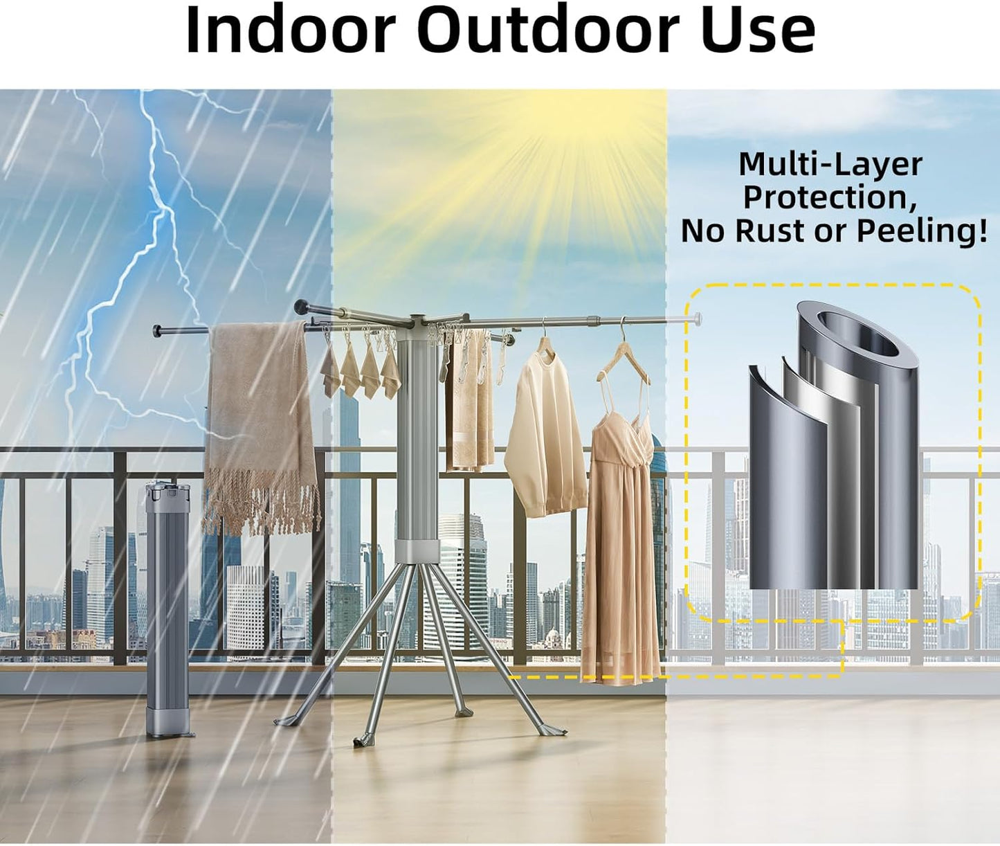 BIREN Clothes Drying Rack Foldable Extending Laundry Rack with 16 Clips Collapsible Clothing Rack Space-Saving Clothing Racks for Hanging Clothes, Indoor, Camping, Balcony, Outdoor