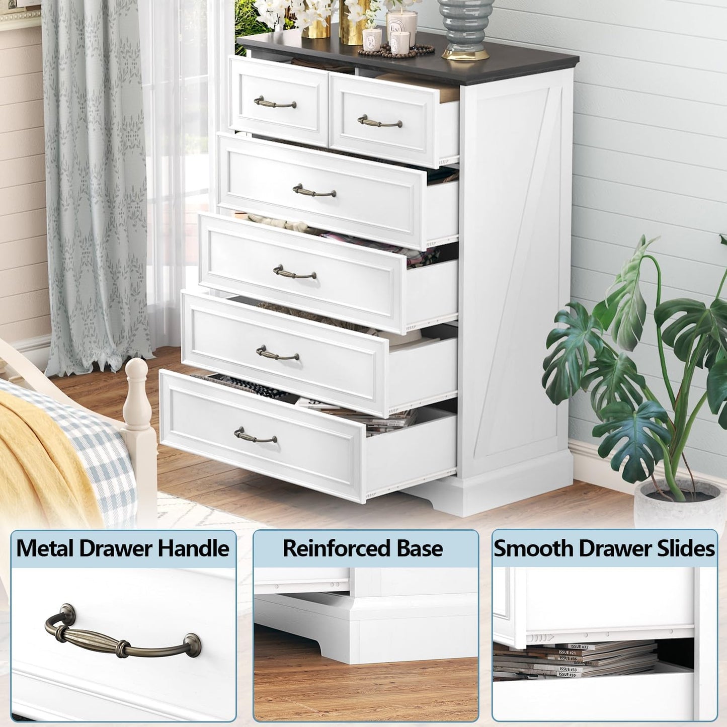 6 Drawer Dresser for Bedroom, 43" Tall Wooden Chest of Drawers, Rustic Farmhouse Dresser with Large Drawers & Metal Handles, Modern Storage Organizer for Closet, Living Room, Hallway, White