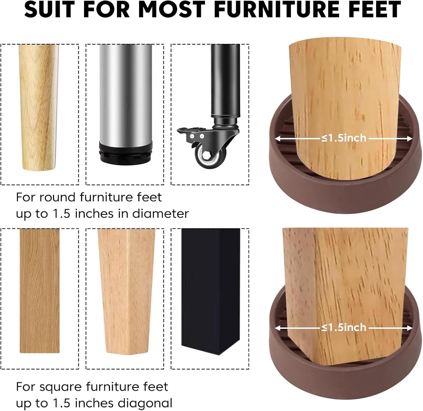 Rubber Furniture Pads Non Slips Furniture Casters Cup Chair Leg Floor Protectors for Bed Sofa Table and Chair Stopper (Pack of 8,Brown 1.5" x 1.5" Round)