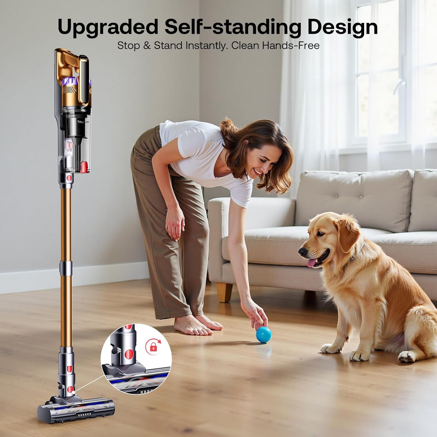 Trucozie Cordless Vacuum Cleaner with Self-Standing, 50 mins Runtime Lightweight Stick Vacuum with Powerful Suction, Anti-Tangle Wireless Vacuum Versatile for Hard Floor/Carpet/Pet Hair, Gold
