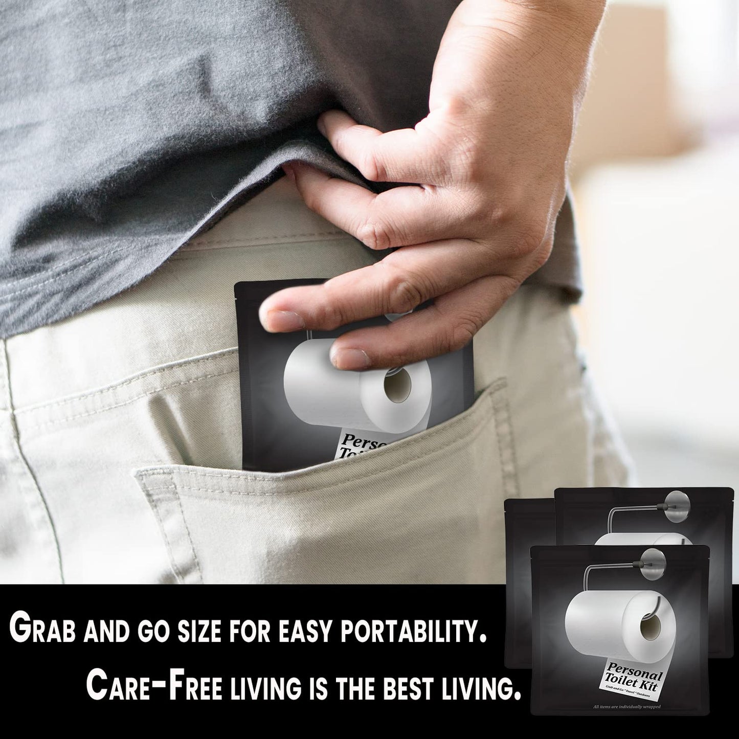 Personal Toilet Kit To Go – 10 Pack | Disposable Public Restroom Kit | Individually Wrapped for Toilet Protection Kit | Toilet Paper, Toilet Seat Cover, Butt Wipes, Cleansing Wipes (Black Toilet)