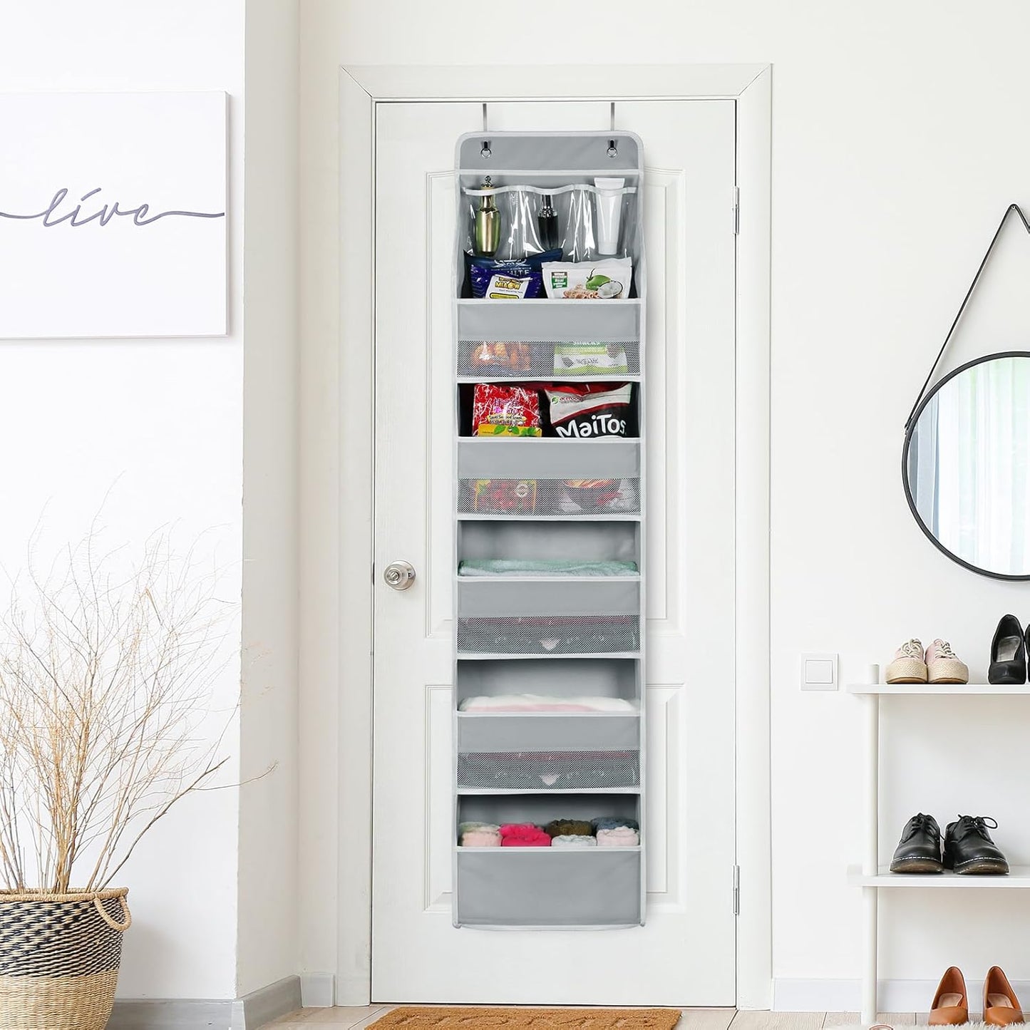 Univivi 6-Shelf Over Door Hanging Organizer Fabric Baby Door Storage with 5 Large Pockets and 3 Small PVC Pockets Wall Mount Hanging Storage Organizers for Baby Essential (Grey)