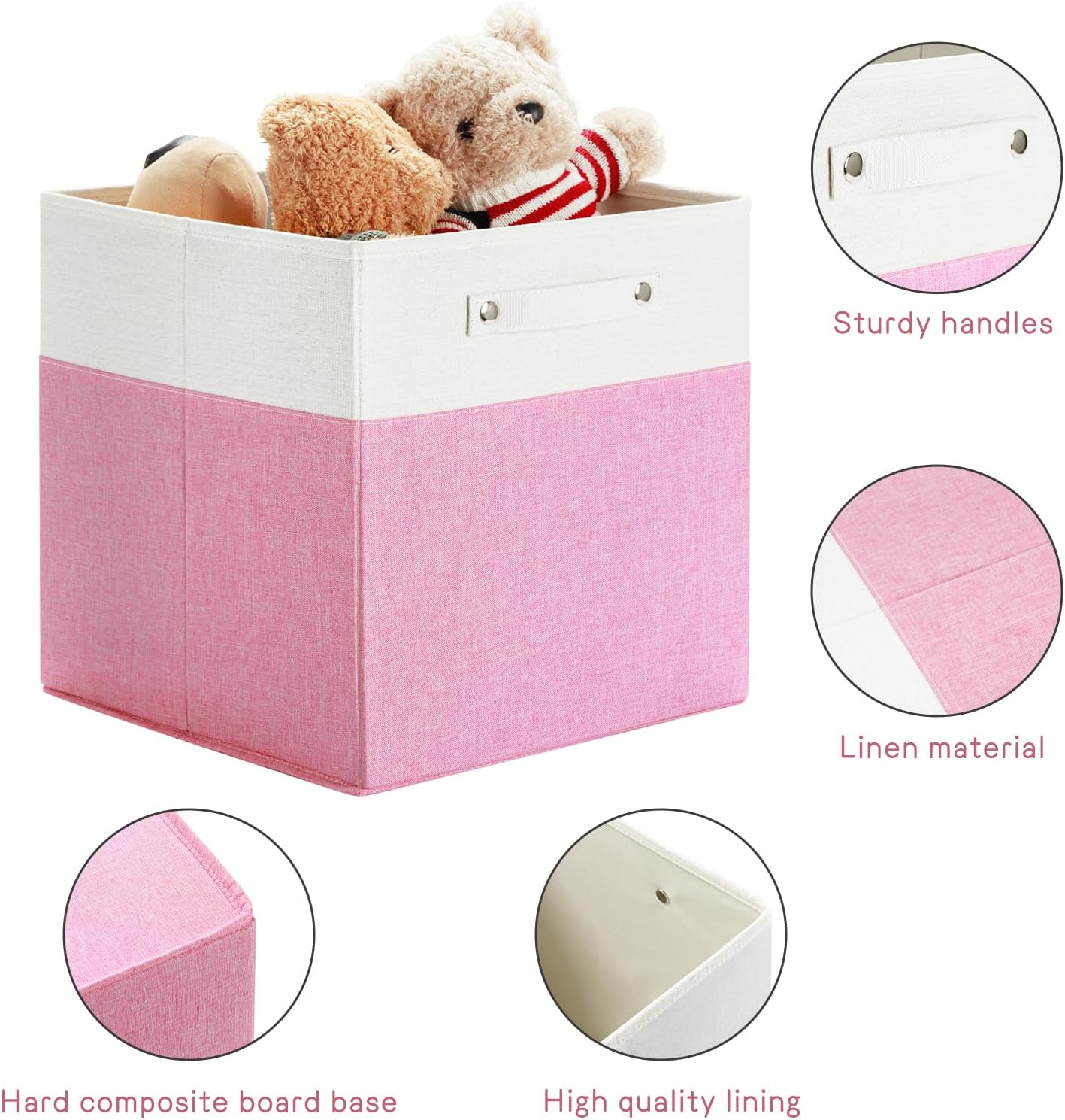 13 x 13 Inch Fine Linen Storage Bins with Handles,Fabric Cube Boxs,Collapsible Basket Organizers for Shelves for Home, Closet Drawers (White/Pink-6 Pack)