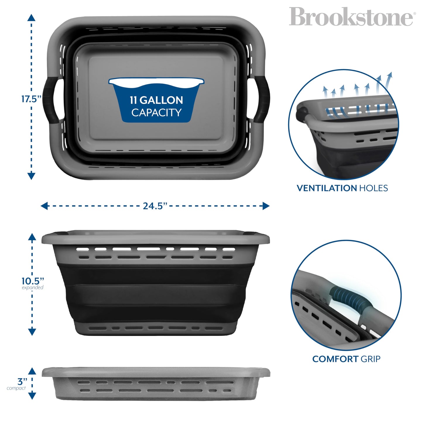 BROOKSTONE 11 GALLON XL 24" Collapsible Laundry Basket & Clothes Hamper, Comfort Non-Slip Handles