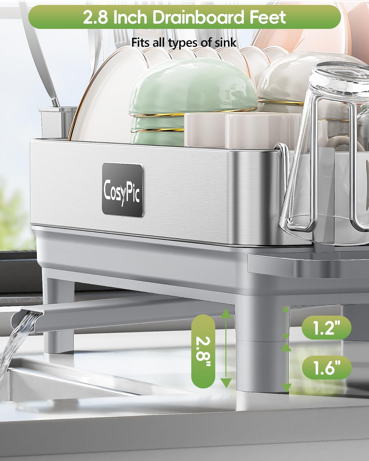 Dish Racks, Thicker Premium 304 Stainless Steel Dish Drying Rack for Kitchen Counter, Automatic Drainage Spout, Dish Drainer & Drainboard Set with Utensil Holder and Cup Holder, Grey