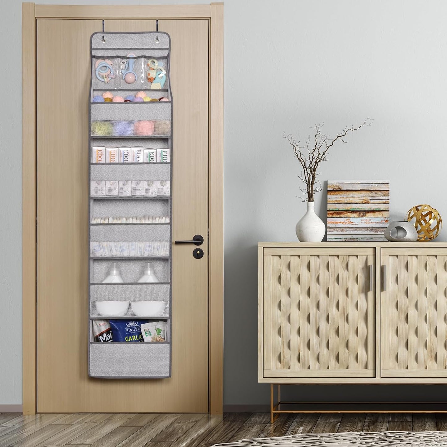 Univivi 6-Shelf Over Door Hanging Organizer Fabric Baby Door Storage with 5 Large Pockets and 3 Small PVC Pockets Wall Mount Hanging Storage Organizers for Baby Essential (Grey Pattern)