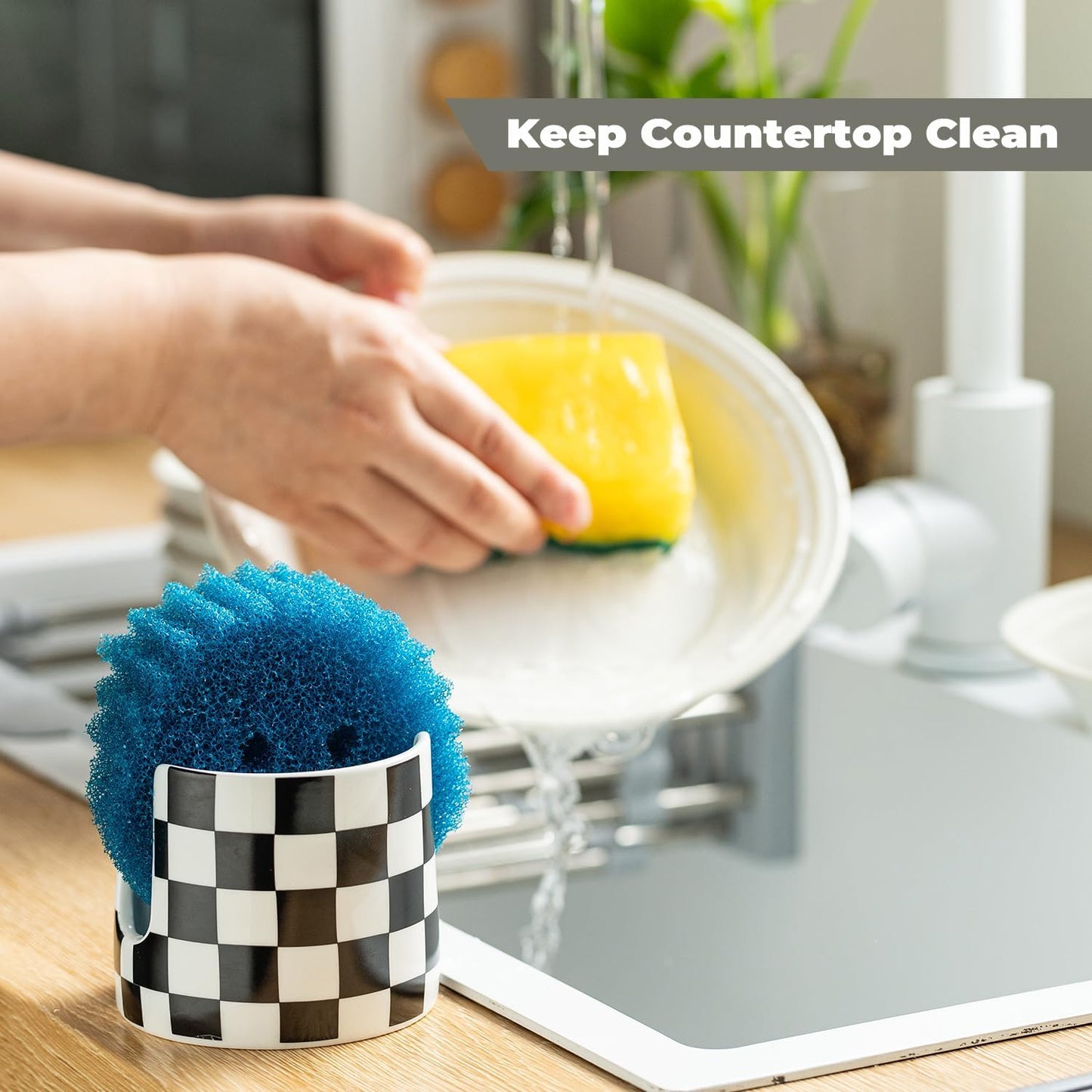 Checkered Kitchen Sink Sponge Holder, Dish Sponge Rack Ceramic Brush Holder Farmhouse Kitchen Dish Rack for Brush, Scrubbers, Bathroom, Sink, Black and White