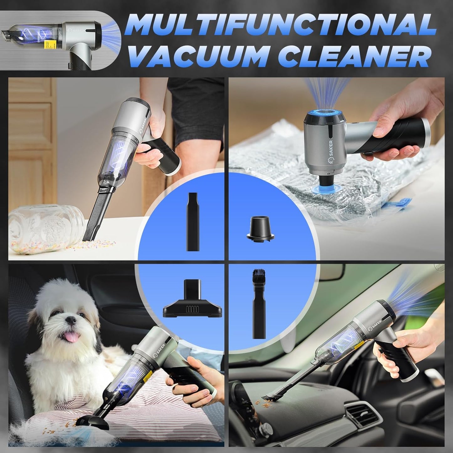 Saker Handheld Car Vacuum Portable Cordless17000PA Mini Vacuums Rechargeable Foldable Vacuum Cleaner with Brushless Motor for Home,Office Pet HL132 Black