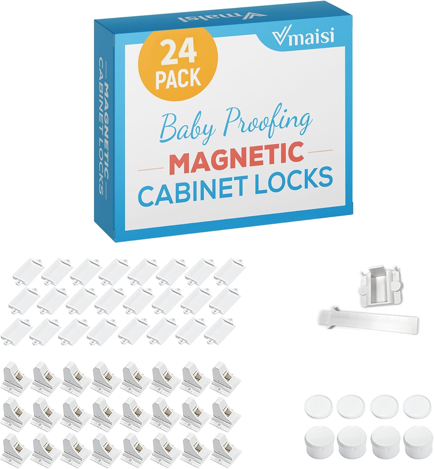 Vmaisi Adhesive Magnetic Locks for Cabinets & Drawers (24 Pack and 4 Keys + Cradle)