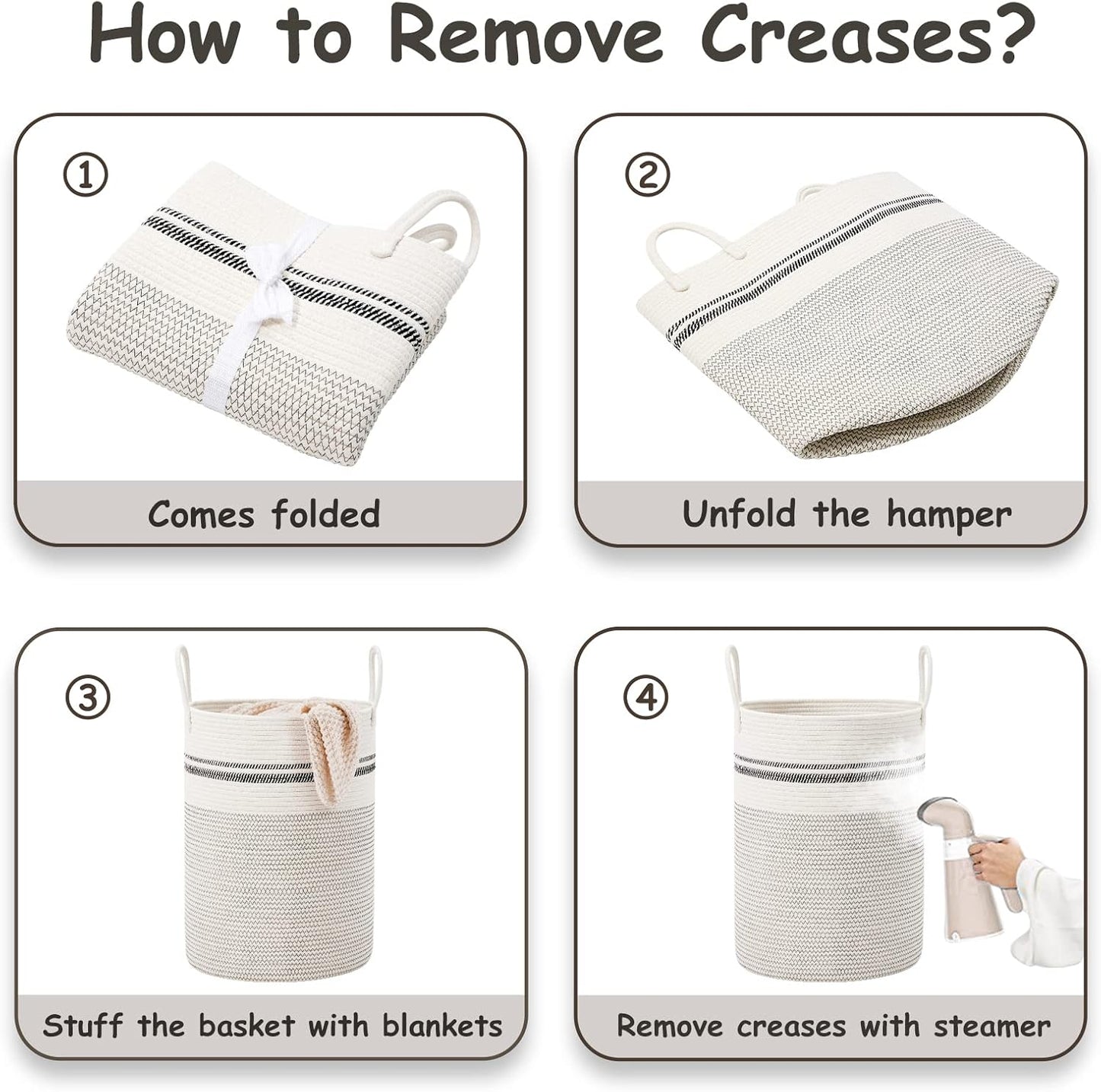 VIPOSCO Large Laundry Hamper, Tall Woven Rope Storage Basket for Blanket, Toys, Dirty Clothes in Living Room, Bathroom, Bedroom - 53L Stripe White