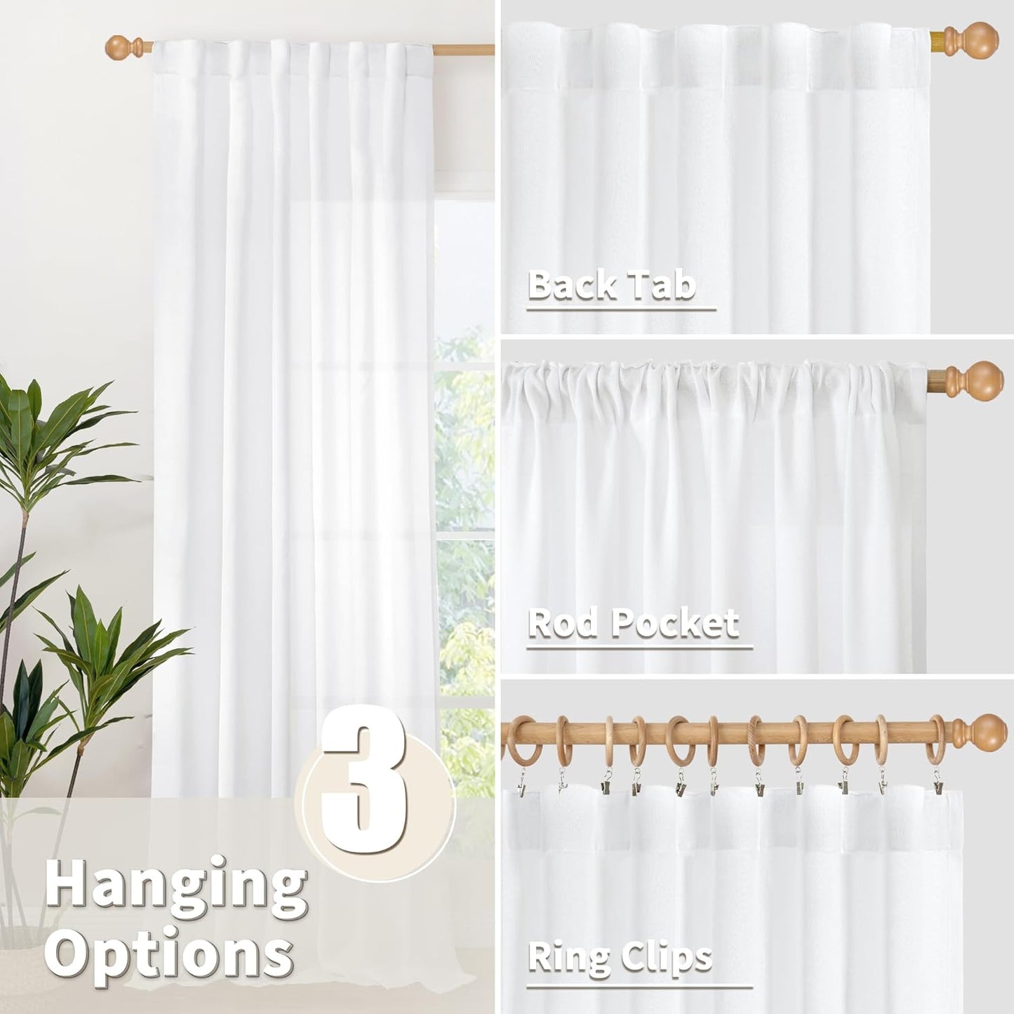 YoungsTex White Linen Curtains 80 Inch Length for Living Room, Light Filtering Semi Sheer Window Drapes Rod Pocket Back Tab Curtain for Bedroom Office Rustic Privacy, 2 Panels, 52 X 80 Inch