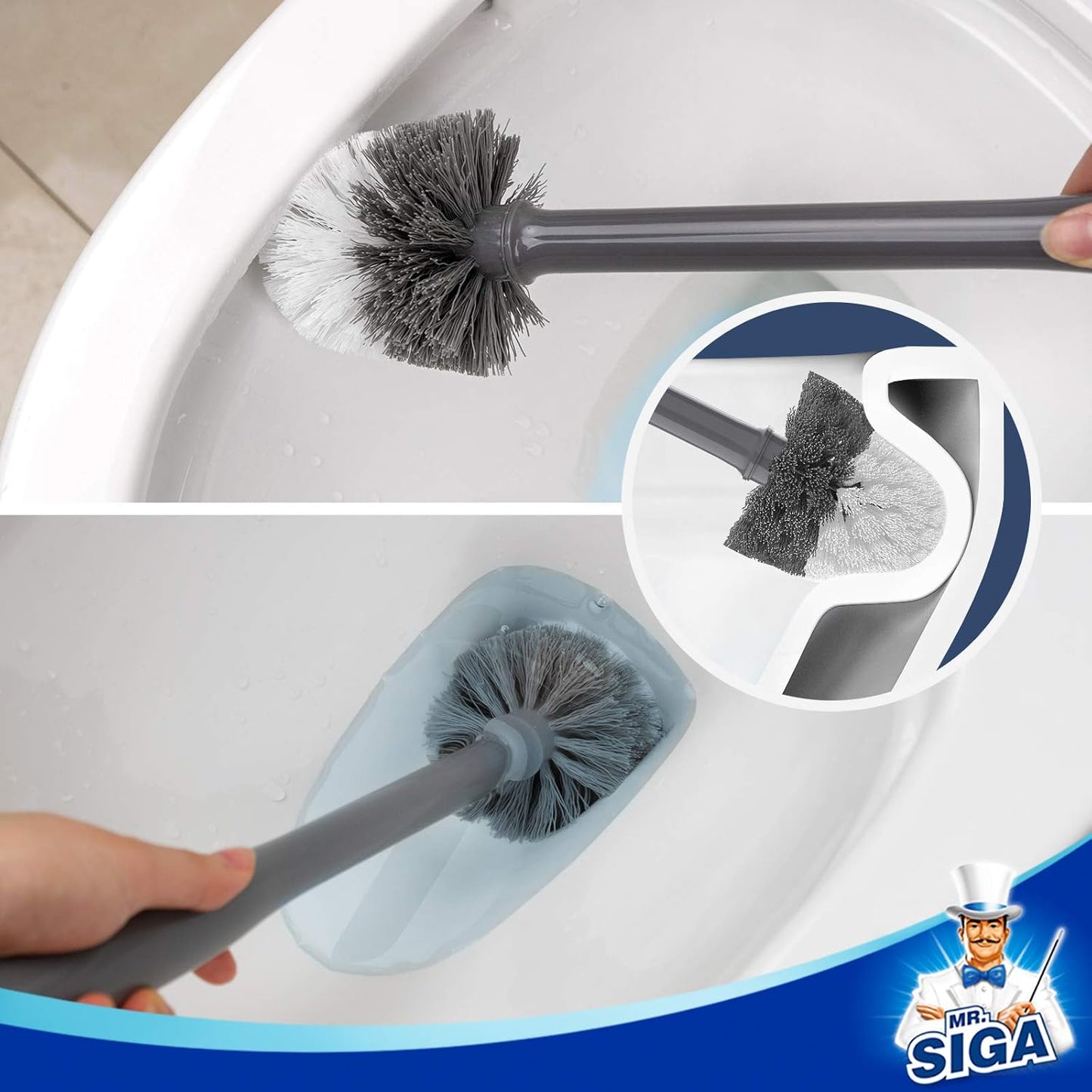 MR.SIGA Toilet Bowl Brush and Holder, Premium Quality, with Solid Handle and Durable Bristles for Bathroom Cleaning, Gray, 1 Pack