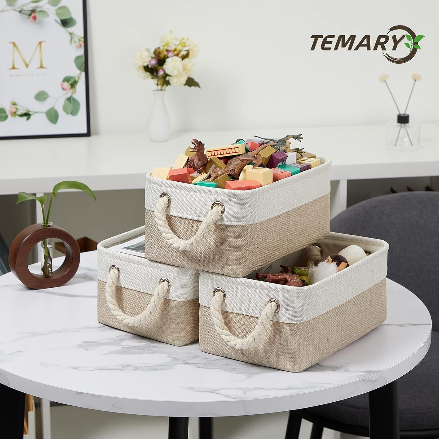 Temary Small Fabric Storage Baskets 6 Pcs Decorative Baskets Bins for Gifts Empty Foldable Storage Basket with Handles for Organizing Shelf, Towels (White&Khaki,11.8 L x 7.9 W x 5.3 H inches)