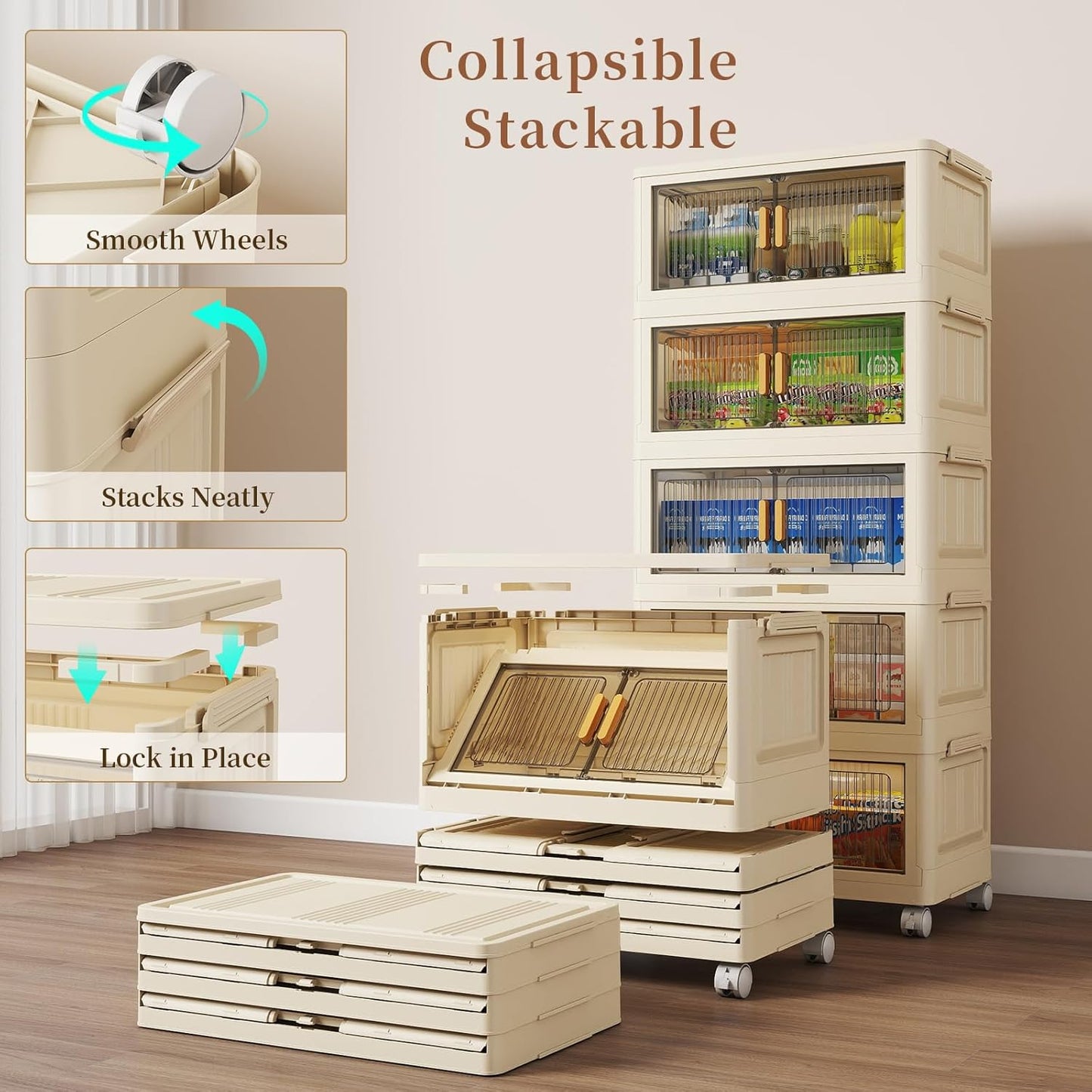 5 Tier Stackable Plastic Storage Bins with Lids 48QT, Collapsible Closet Organizers and Storage with Wheels for Living Room,Office,Dorm