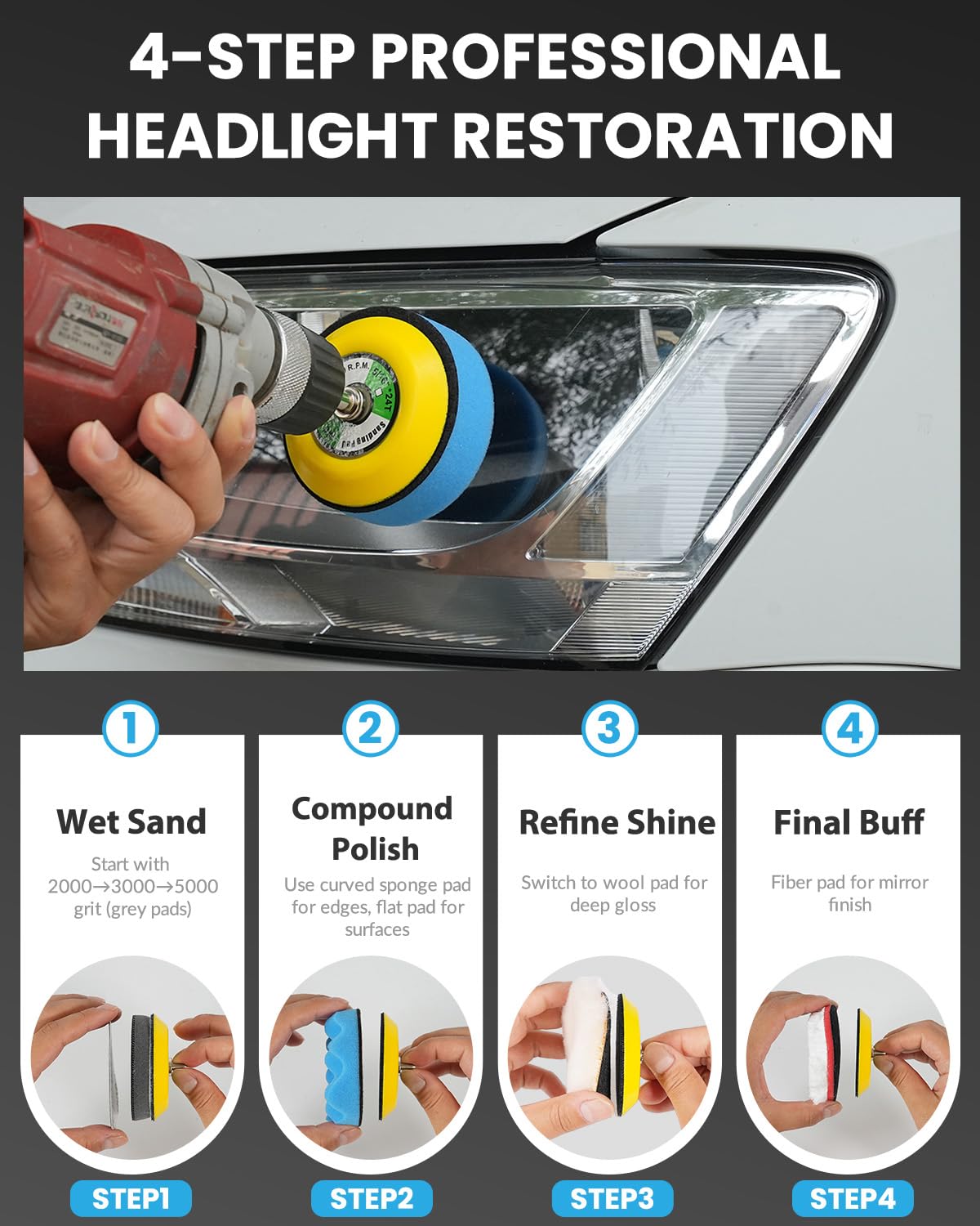 78PCS Drill Polishing Buffing Pads Kit with Buffer Polisher Attachment, 1/2/3 Inch Car Polishing Detailing Wheels for Dremel Air Mini Polisher Sander, Headlights Restoration Pad for Waxing Cleaning