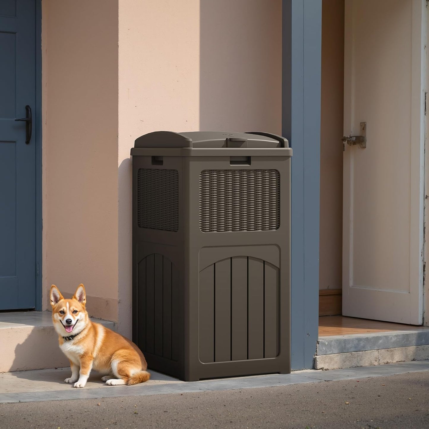 Flamaker 30 Gallon Trash Can, Resin Outdoor Garbage Can with Lid, Waterproof Hideaway Patio Waste Bins for Outside Use (2 Pack, Deep Brown)