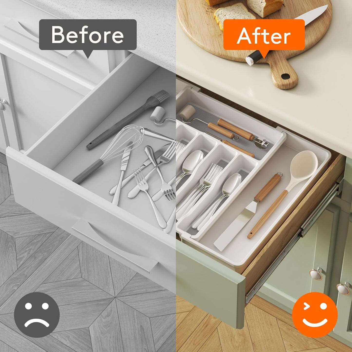 Lifewit Silverware Drawer Organizer, Expandable Utensil Tray with Non-Slip TPR, Deep Flatware Cutlery Holder, Adjustable Plastic Kitchen Storage for Spoons Forks Knives, Large, White and Gray