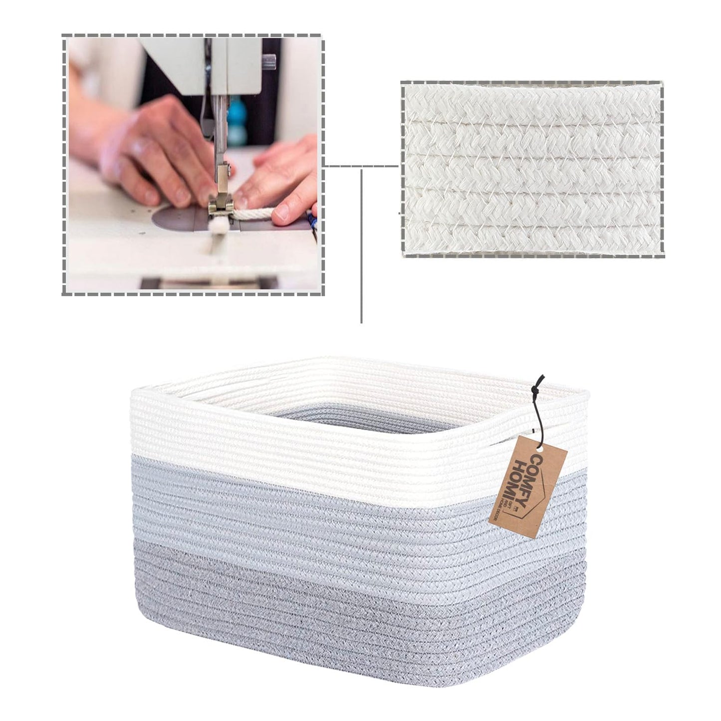 COMFY-HOMI 3PACK Cotton Rope Woven Basket With Handles for Shelves, Toy, Book, Cloth Storage Basket for Organizing|13.5" x 11" x 9.5" Decorative Nursery Cube Bin for Living Room(White / 3-Tone Grey)