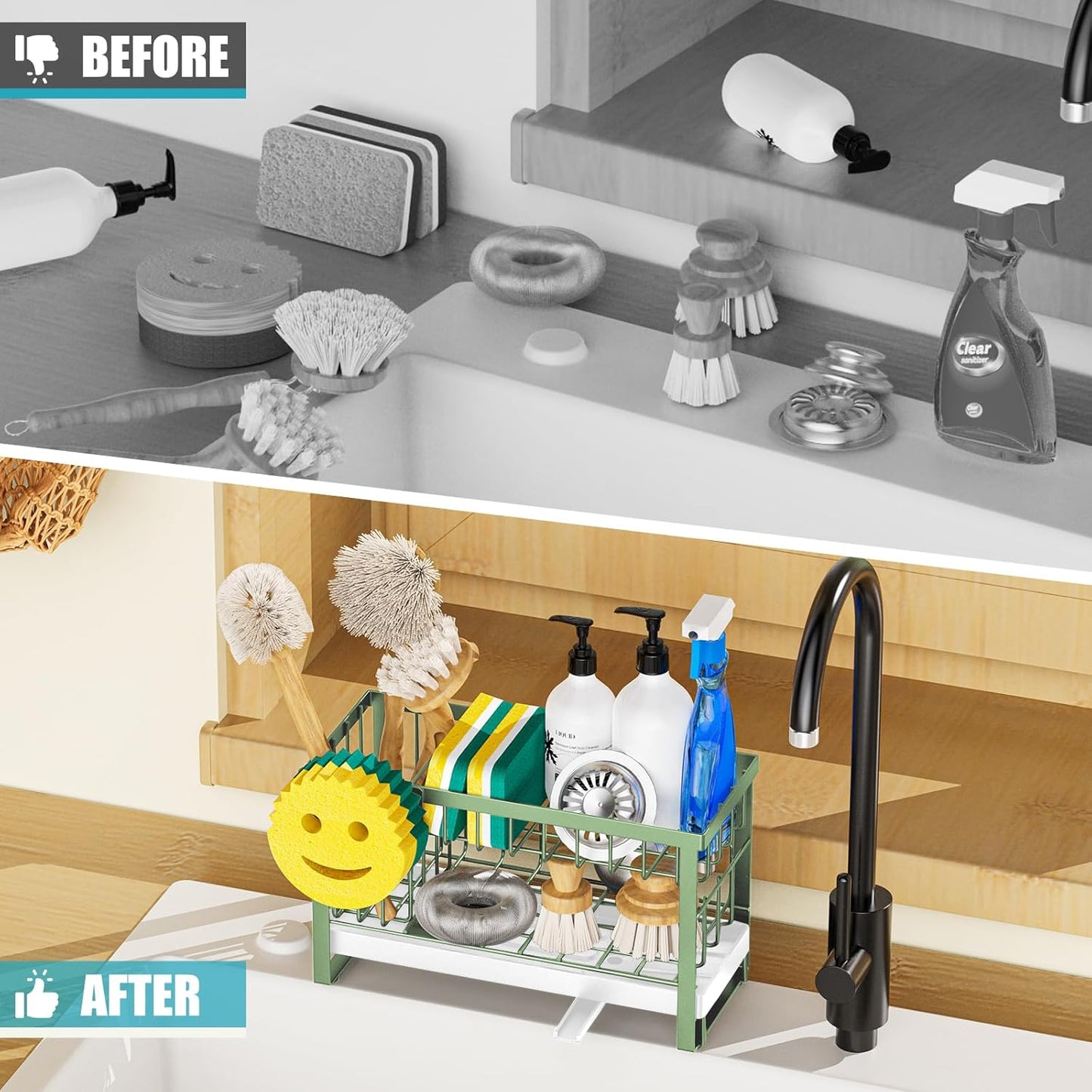 Sponge Holder for Kitchen Sink with Flexible Sink Caddy Smiley Face,2 Tier Kitchen Sponge Holder Countertop and Storage Essentials,Soap Dispenser Organize,Home Decor Accessories-Green