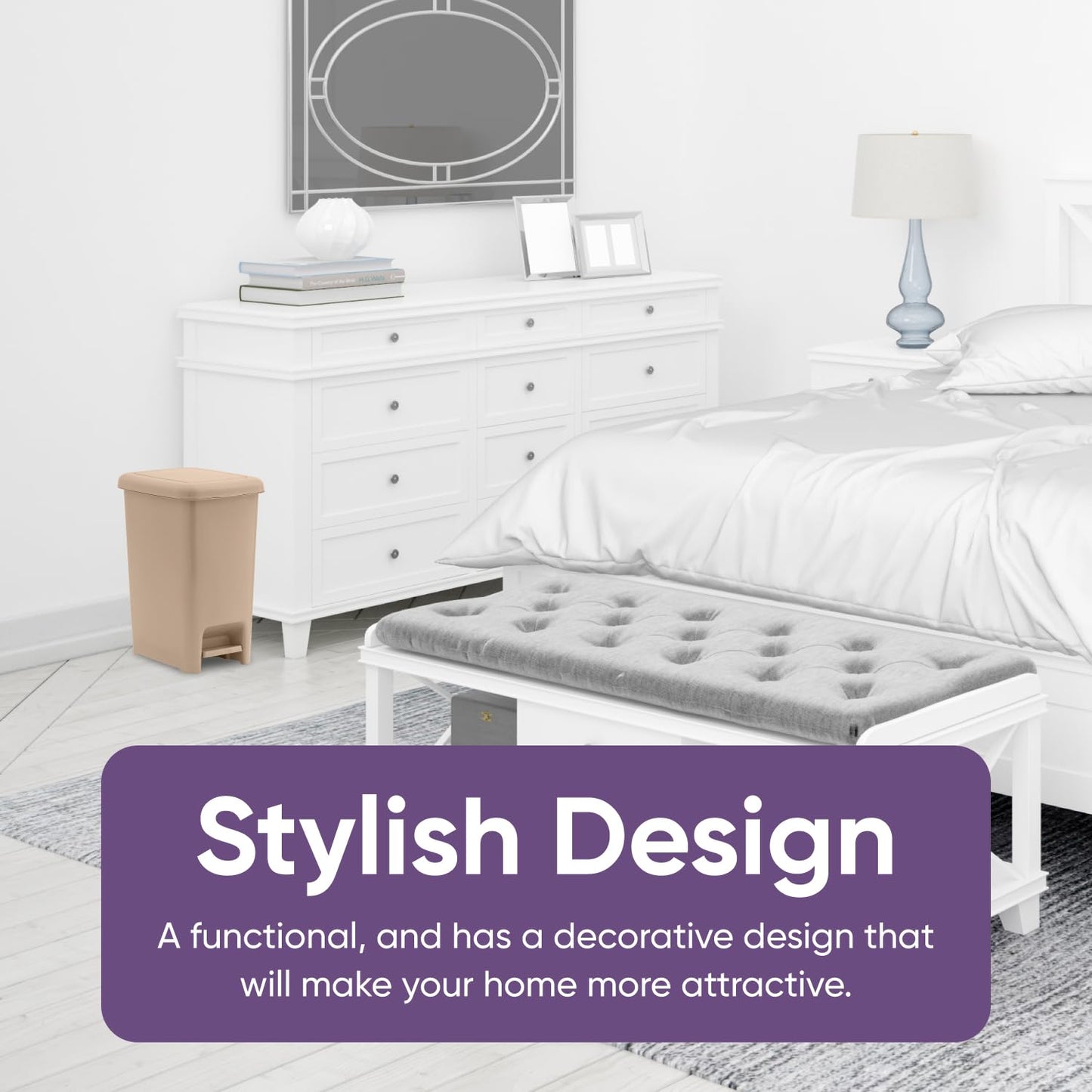 Superio Slim Step On Trash Can, Beige Waste Bin with Foot Pedal Lid 26 Liter, Kitchen, Under Desk, Office, Bedroom, Bathroom (2, 2.5 Gallon)