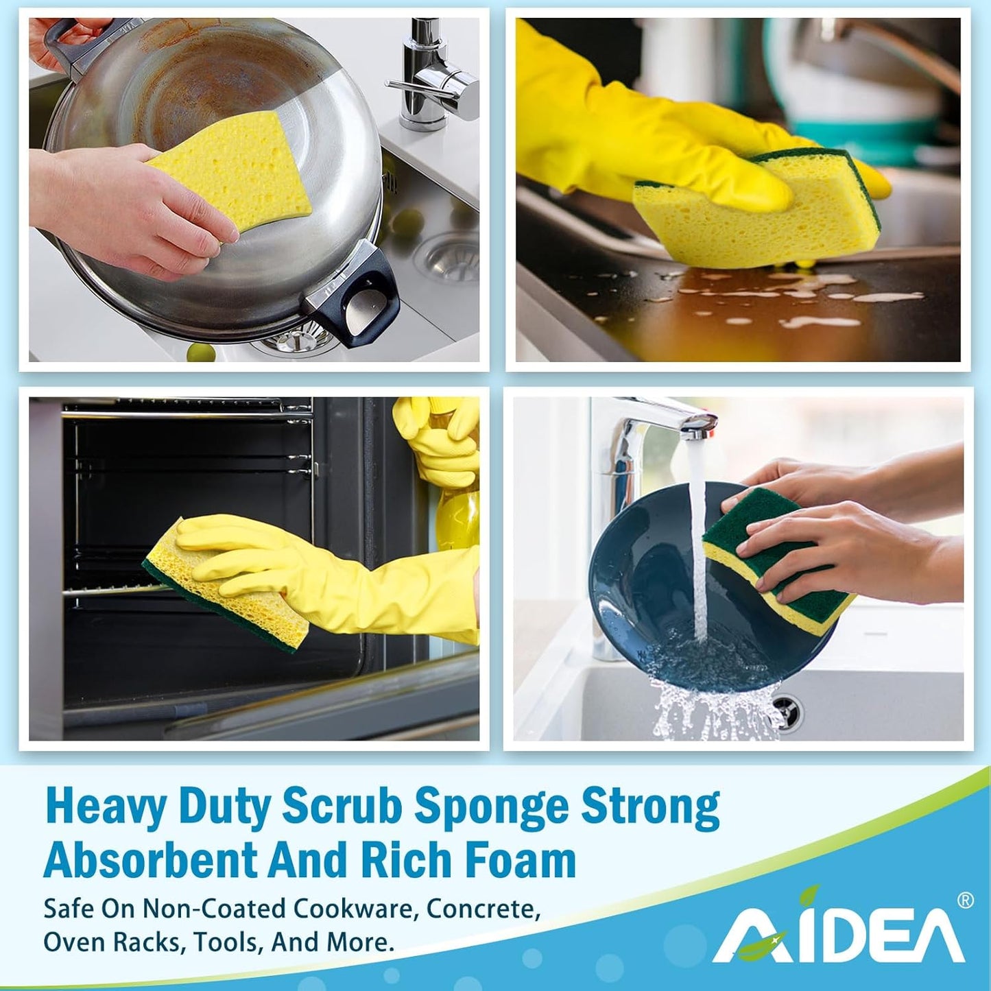AIDEA Sponges Kitchen, Heavy Duty Scrub Sponge-24Count, Sponges for Dishes, Cellulose Dish Sponge, Scrubbing Power for Tough Messes, Cleaning Power for Non-Coated Cookware, Dishes, Pots, Pans