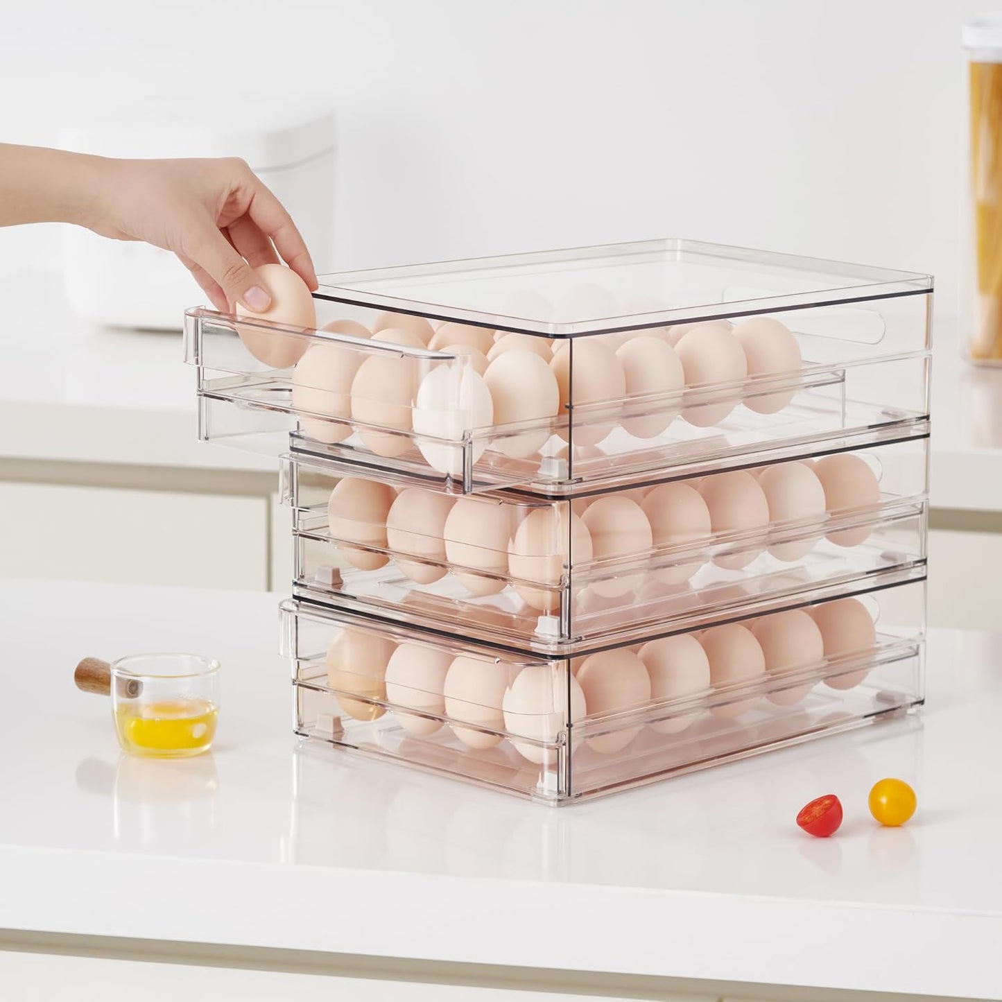 vacane 24 Capacity Egg Holder for Refrigerator Organizer Bins, BPA Free Egg Storage Container with Non-Slip Pads, Space-Saving Egg Tray for Fridge Drawer