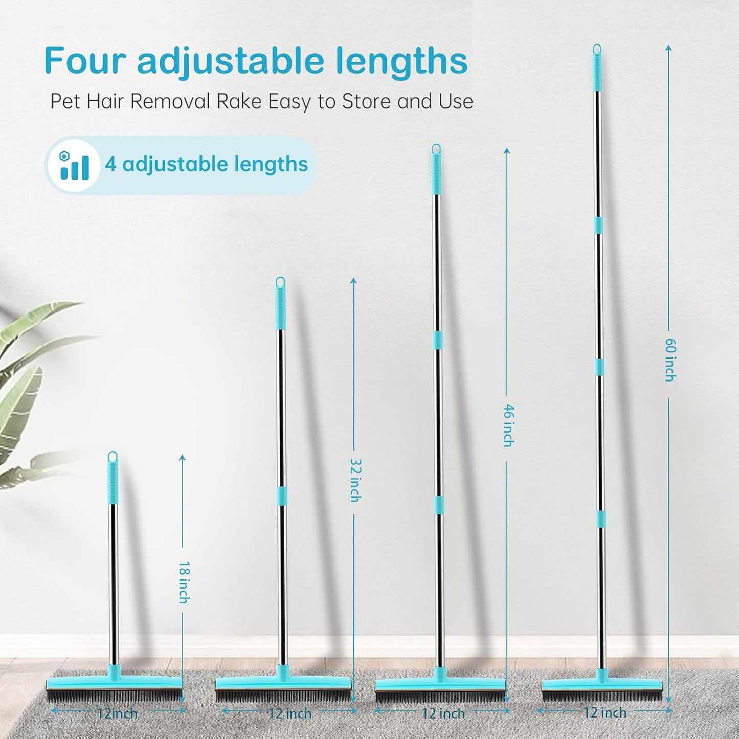 Carpet Rake - 60" Long Handle Pet Hair Removal with Metal Fabric Edge Design,Carpet Rake for Pet Hair Removal, Dog Cat Fur Remover Rubber Broom,Rug,Car Mat,Couch,Pet Bed,Furniture(4 Pack)