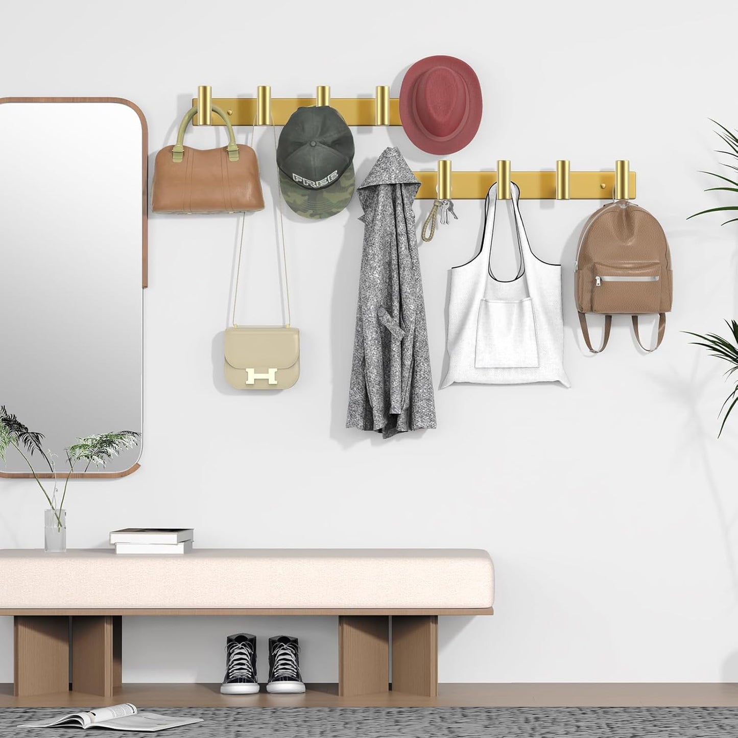 VAEHOLD Hat and Coat Wall Mount Rack - Hooks for Robes, Bags, Keys, and Towels - Bathroom Towel Hanger Organizer (Gold, “T“ Shape 5 Hooks 1 Pack)