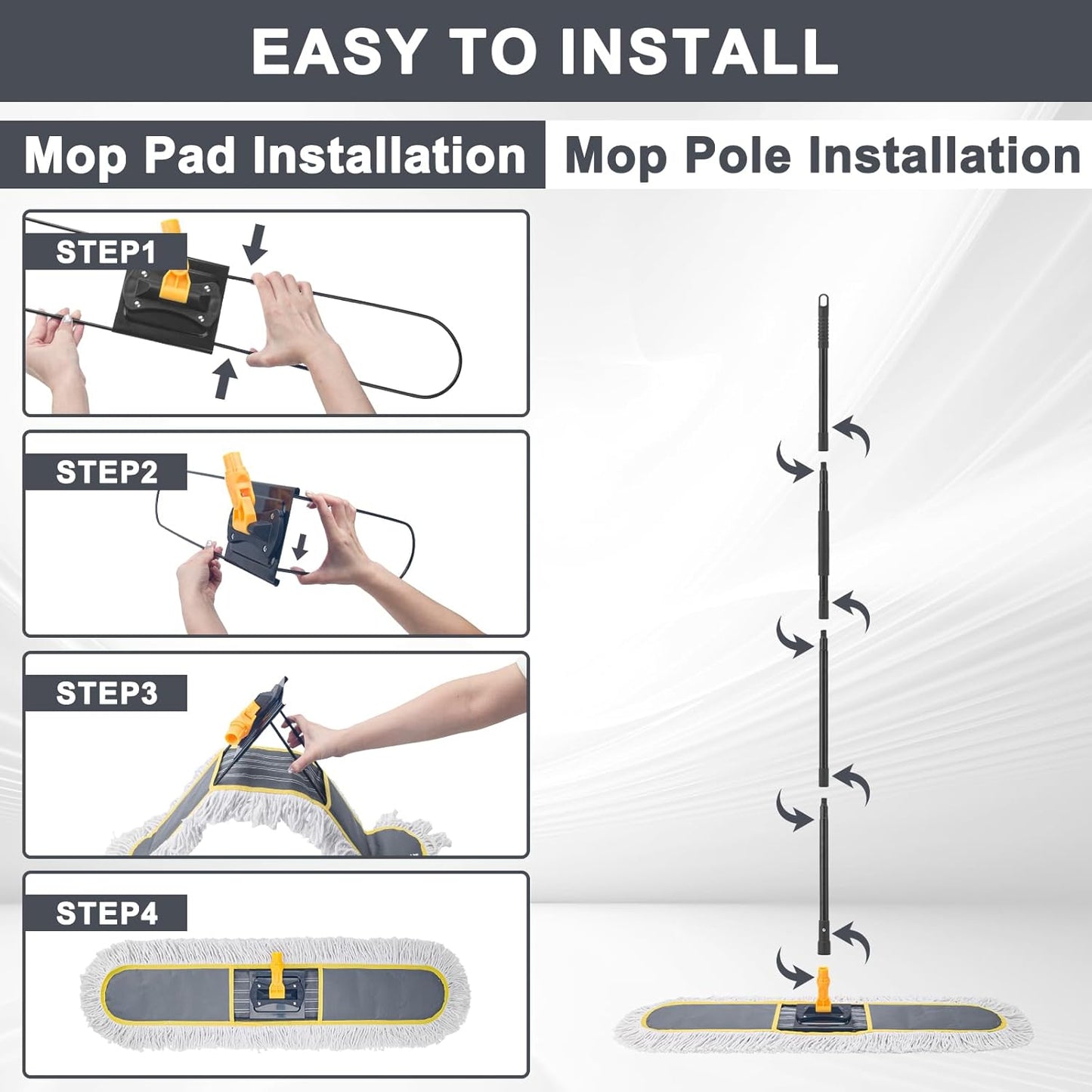 24" Commercial Dust Mop for Floor Cleaning,Heavy Duty Floor Duster Sweeper Broom with 2 Replacement Mop Pads,Large Wet Dry Flat Mops for Hardwood Floors,Marble, Laminate,Tile,Concrete,Garage (Grey)