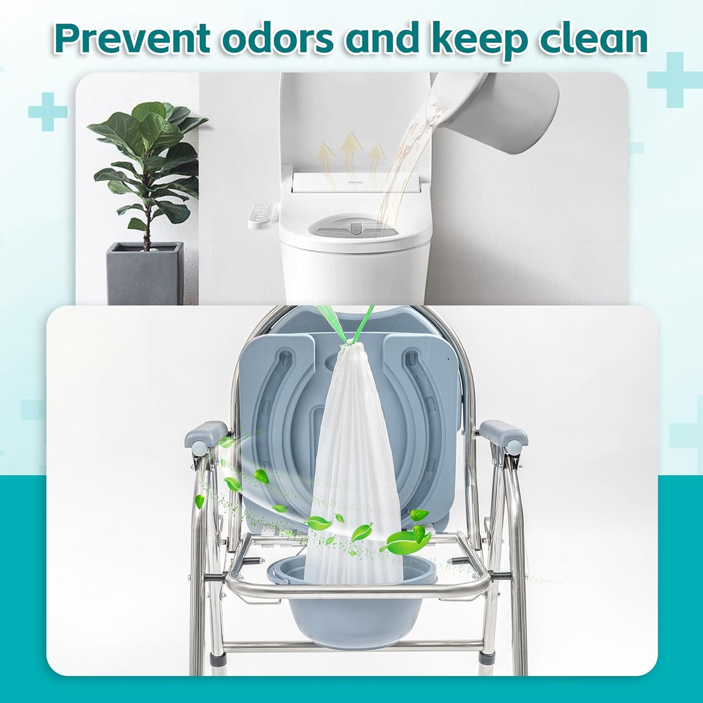 60 Pack Commode Liners with Super Absorbent Pads, Disposable Leakproof Bedside Commode Bags, Universal Fit for Standard Toilet Chair Buckets(60 Bags+60 Pads) (60PACK)