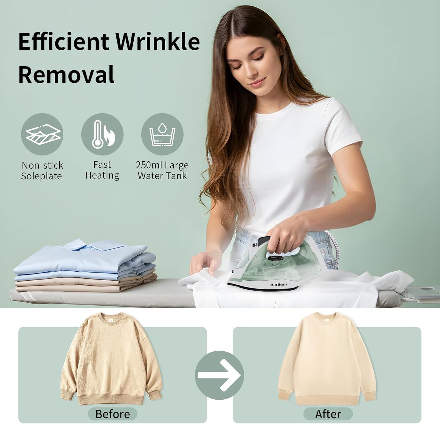 Martisan 2000W Powerful Steamer, Steam Iron for Clothes, Non-stick Soleplate, 4-in-1 Iron, Anti Drip, Fast Heating, Adjustable Temperature, Spray & Burst Steam, Green