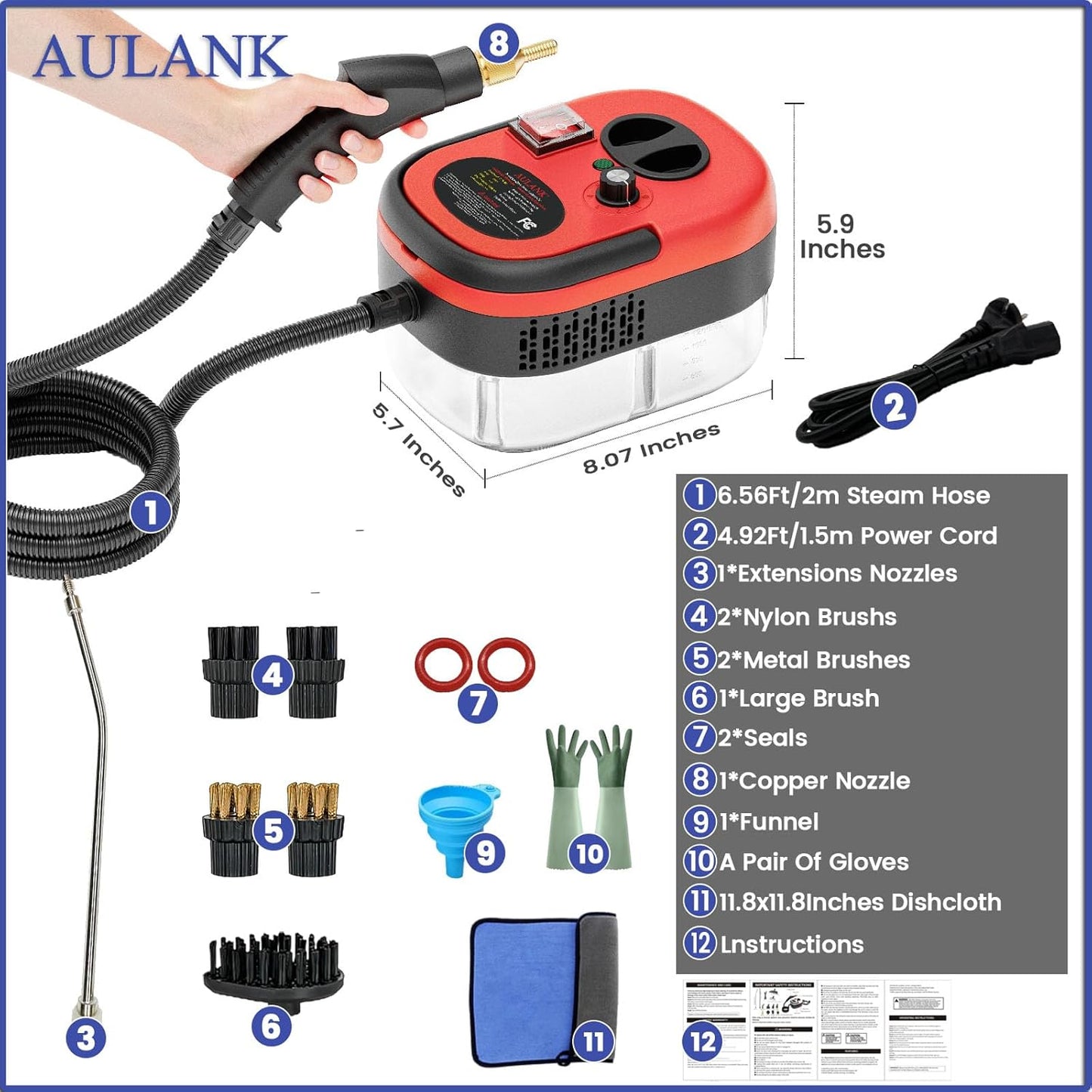 2500W Handheld Steam Cleaner,Portable Car Steamer For Auto Detailing,High-Temperature and Pressure Steam Cleaner For Home, Steam Cleaning Machine for Furniture,Kitchen,Grout,Floor,Tile (Red)