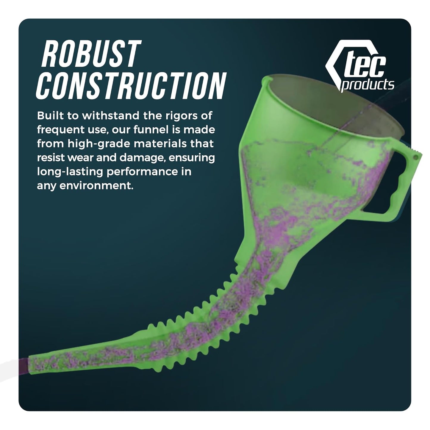 TEC Products FlexAll Long Flexible Funnel for Automotive Use - Durable Nitrile Rubber - Ideal for Car Oil Change, Transmission Funnel Fluid, Diesel, Fuel, Gas - Made in USA - Green (16 x 5 Inches)