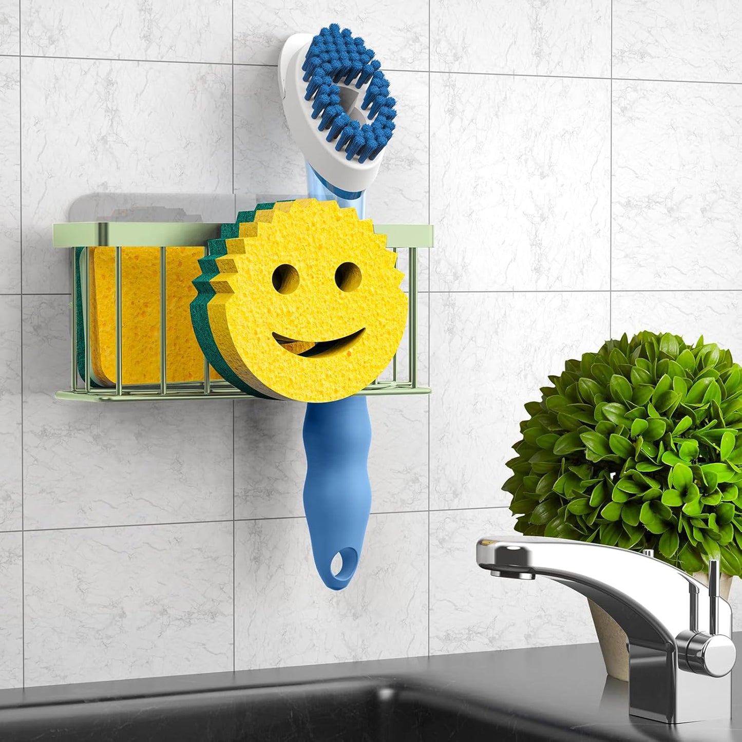 Sponge Holder Smiley Face,Sink Caddy,Sink Organizer with 2 Suction Cups/1 Adhesive Strips,Designed for Sponge,Soap,Dish Brush,Scrubber - Green
