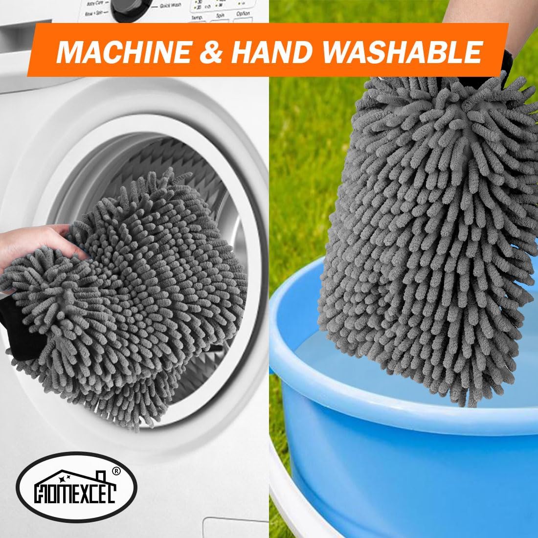 HOMEXCEL Car Wash Mitt, 2PK Chenille Microfiber Wash Mitt, Scratch-Free & Lint-Free, Rich Foam, Highly Absorbent, Double Sided, Perfect for Car Washing and Detailing, 10.2" x 6.7 ", Grey