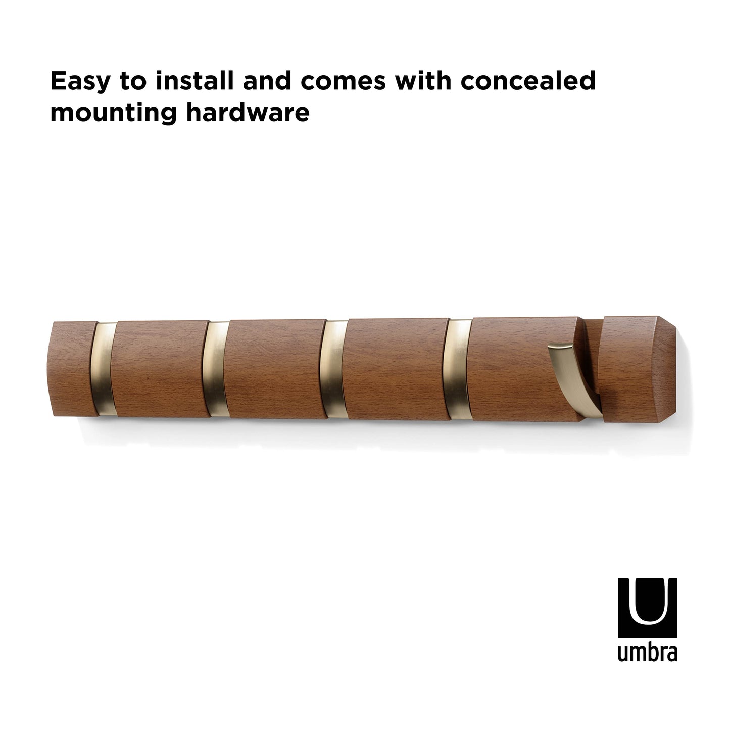Umbra Flip Coat Rack, Wall Mounted 5-Hook Space Saving, Walnut/Gold