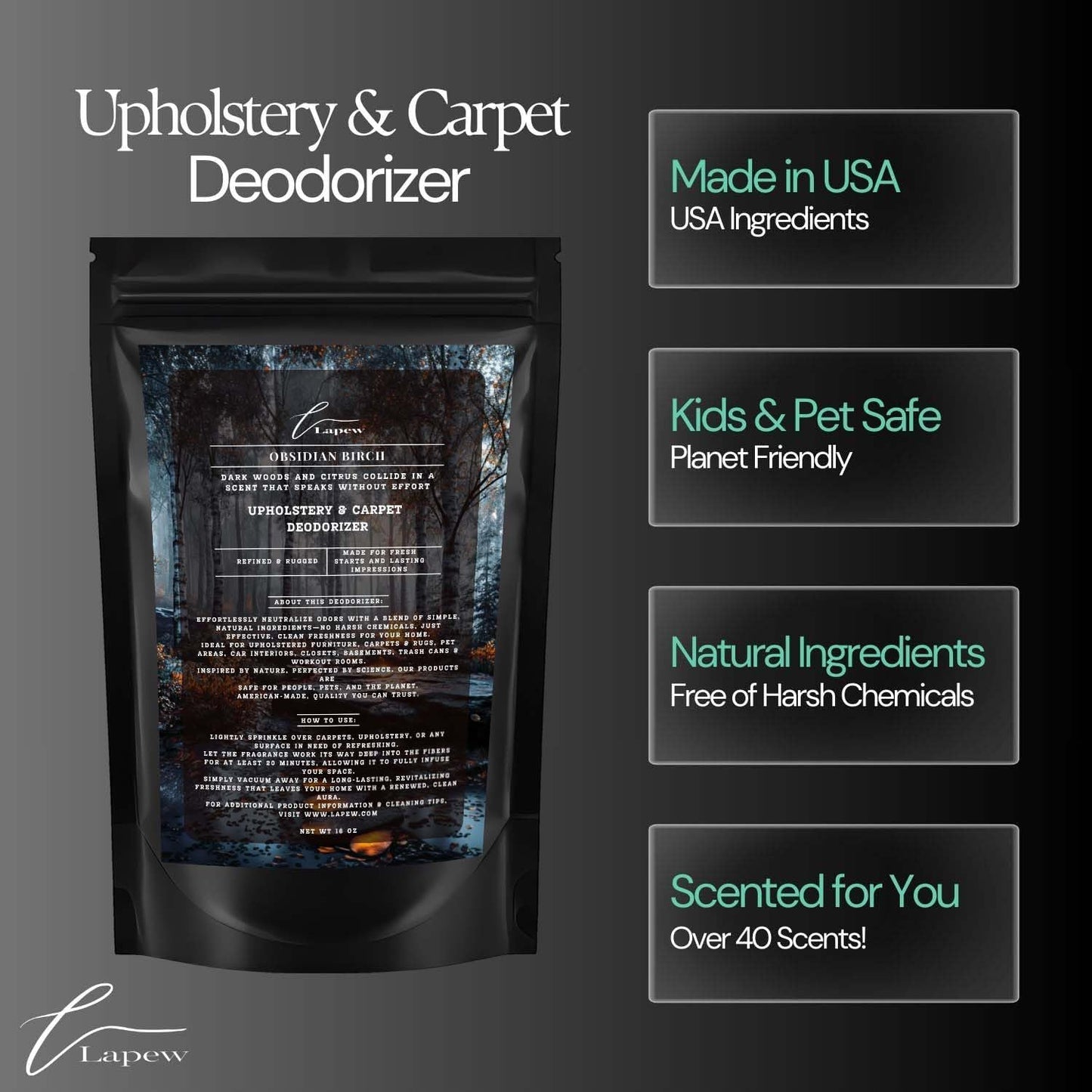 Obsidian Birch Carpet Freshener Powder: Powerful Odor Eliminator for Home, Upholstery Deodorizer, Carpet Deodorizer, Pet Urine - Birch & Black Pepper Fragrance