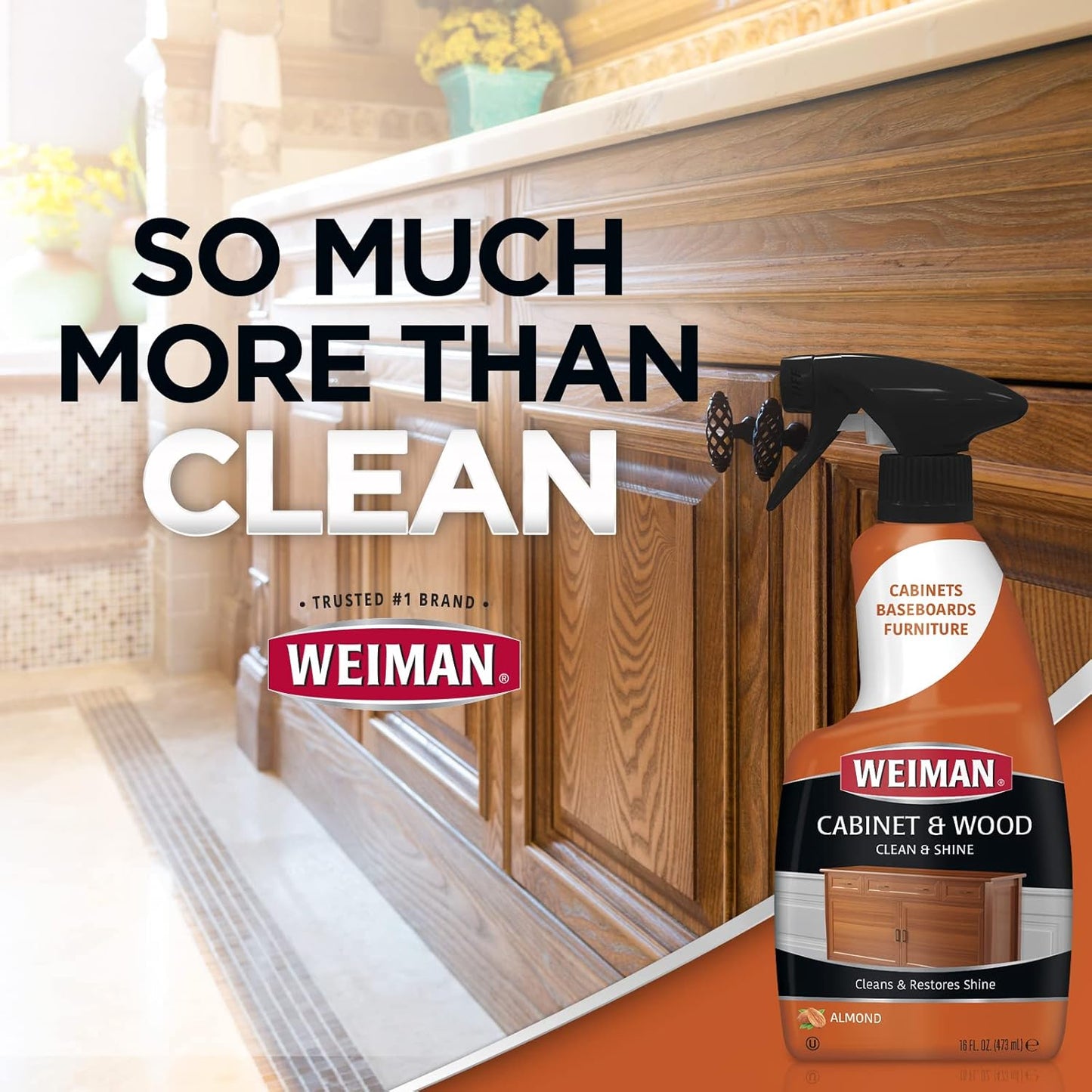 Weiman Cabinet & Wood Clean & Shine Spray - Furniture, Kitchen Cabinets, Baseboard & Trim, Fresh Almond Scent, Microfiber Cloth Included