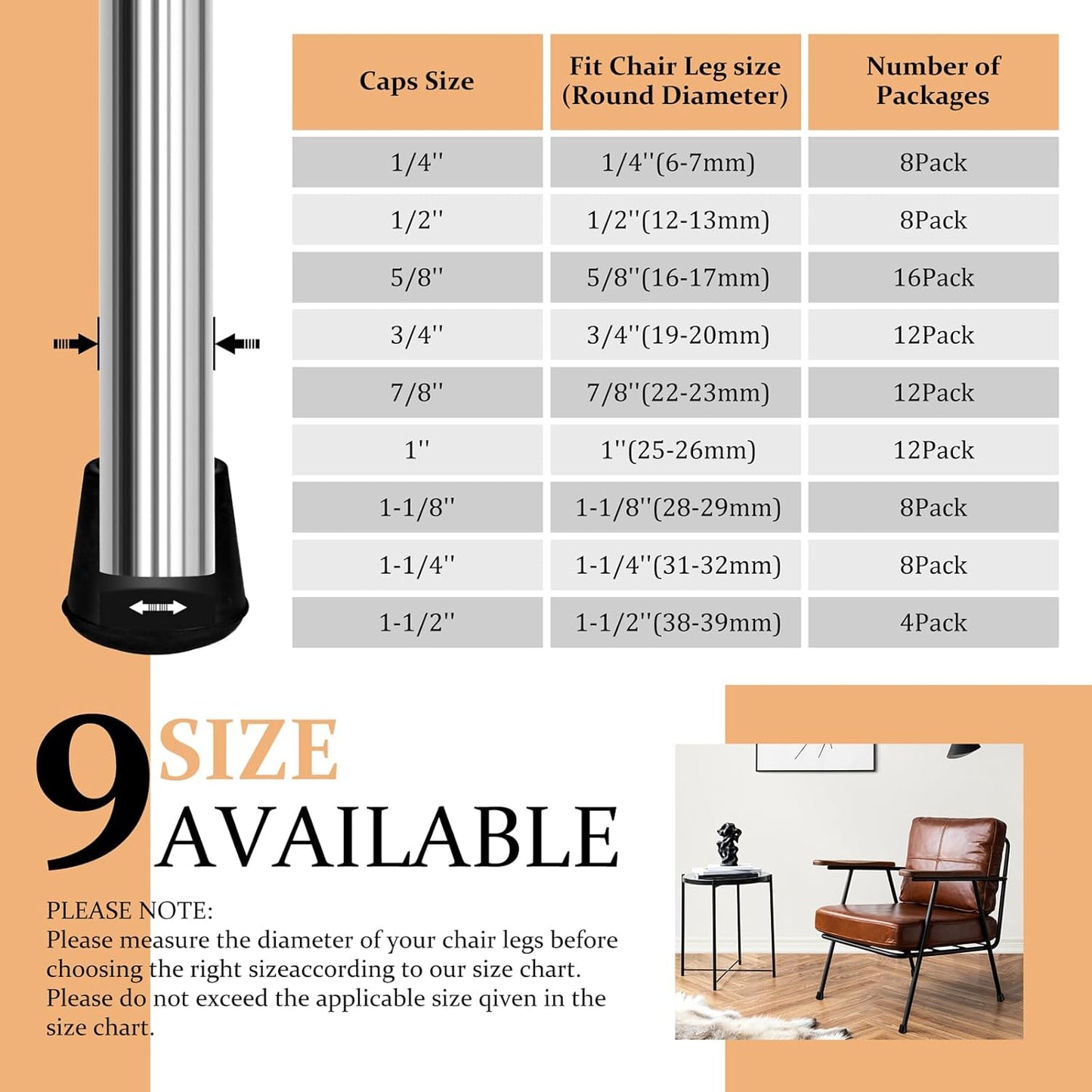 1-1/8” Round Rubber Chair Leg Tips Caps, Chair Leg Floor Protectors, Non-Slip Chairs Legs Caps, Stool Feet Protectors Cap, Folding Metal Chairs Legs Tip Replacement (Black, 8 Pack)